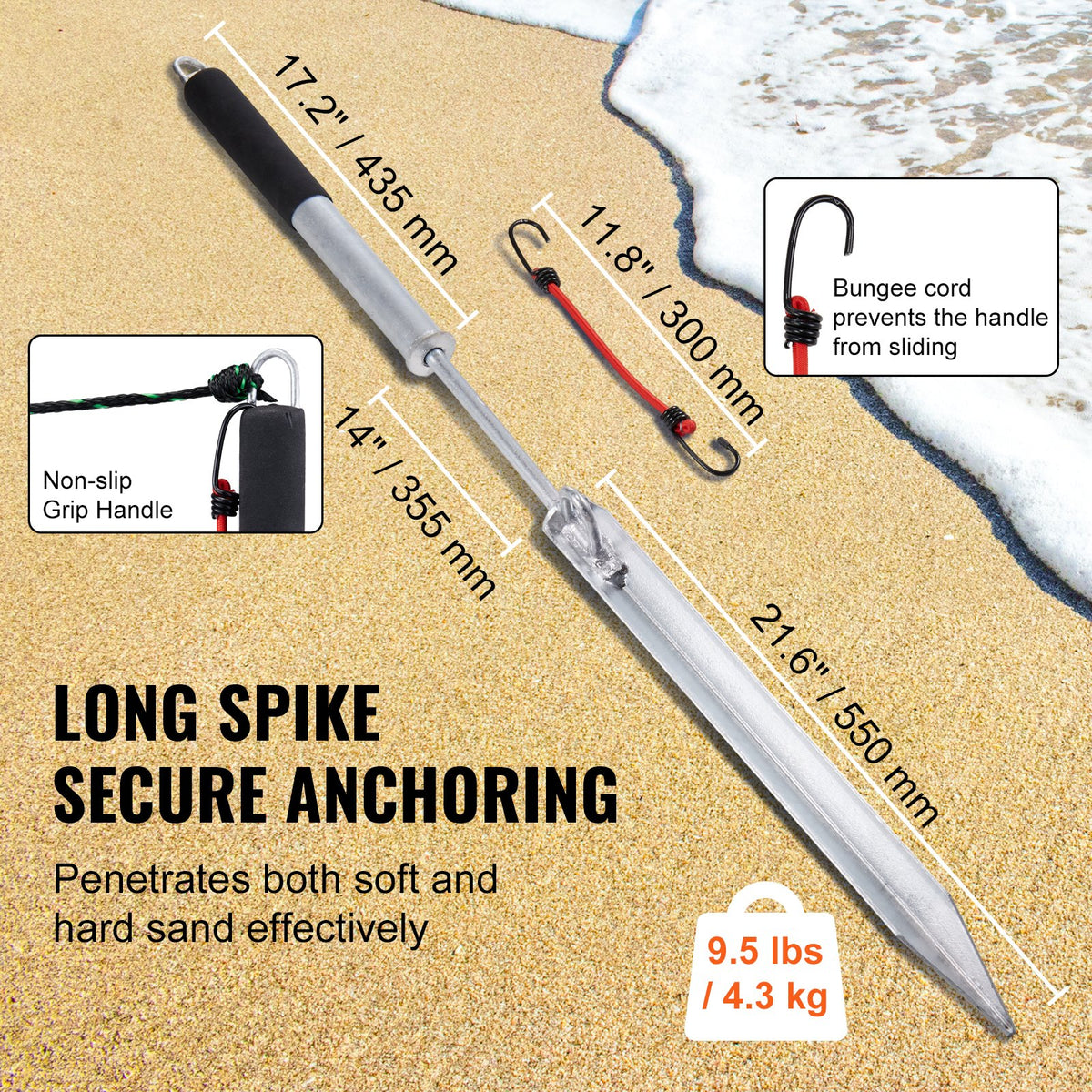 VEVOR Sand Spike Boat Anchor Pole, 36" Galvanized Carbon Steel Slide Anchor Shore Spike, Self-Hammering Beach Spike Anchor for Small Boat Jetski Pontoon Kayak, with Oxford Storage Bag and Bungee Cord