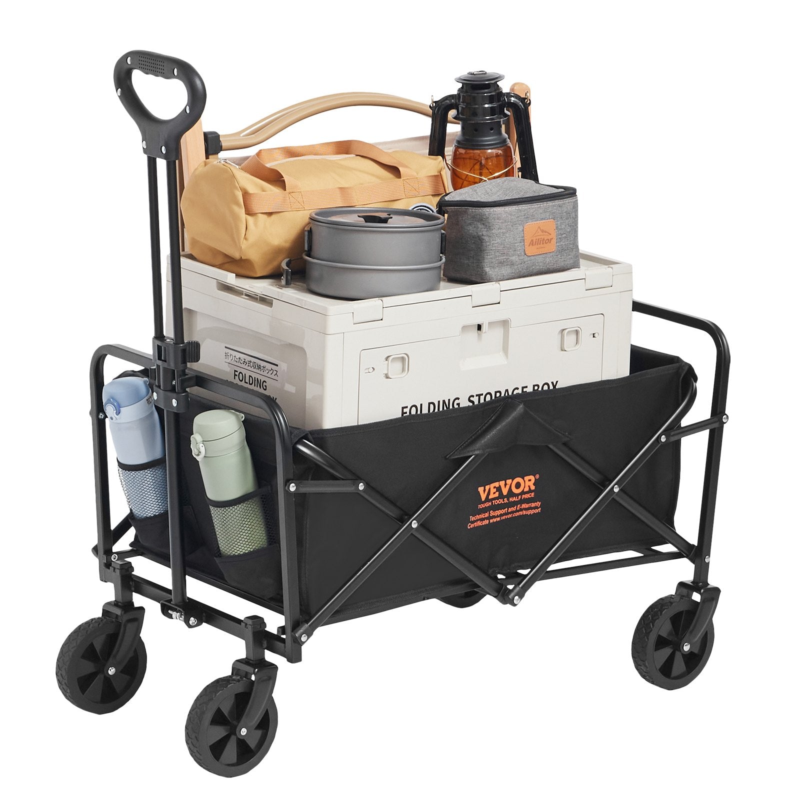 VEVOR Collapsible Folding Wagon, 2 cu.ft Grass Wagon Cart with All-Terrain 5in Wheels, Heavy Duty Folding Wagon Cart 220 lbs Weight Capacity with Drink Holders, Sports Wagon for Camping, Shopping, Gar
