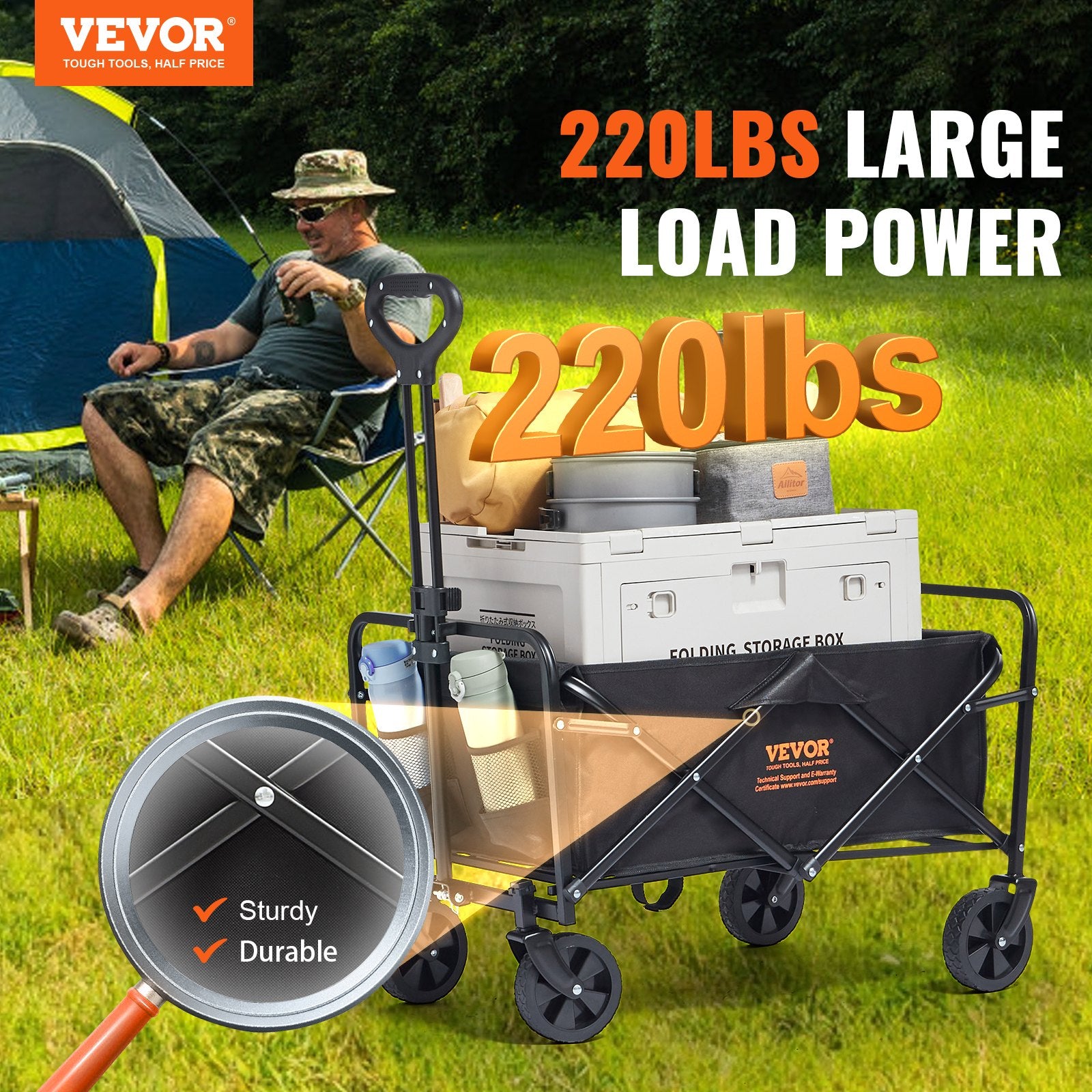 VEVOR Collapsible Folding Wagon, 2 cu.ft Grass Wagon Cart with All-Terrain 5in Wheels, Heavy Duty Folding Wagon Cart 220 lbs Weight Capacity with Drink Holders, Sports Wagon for Camping, Shopping, Gar