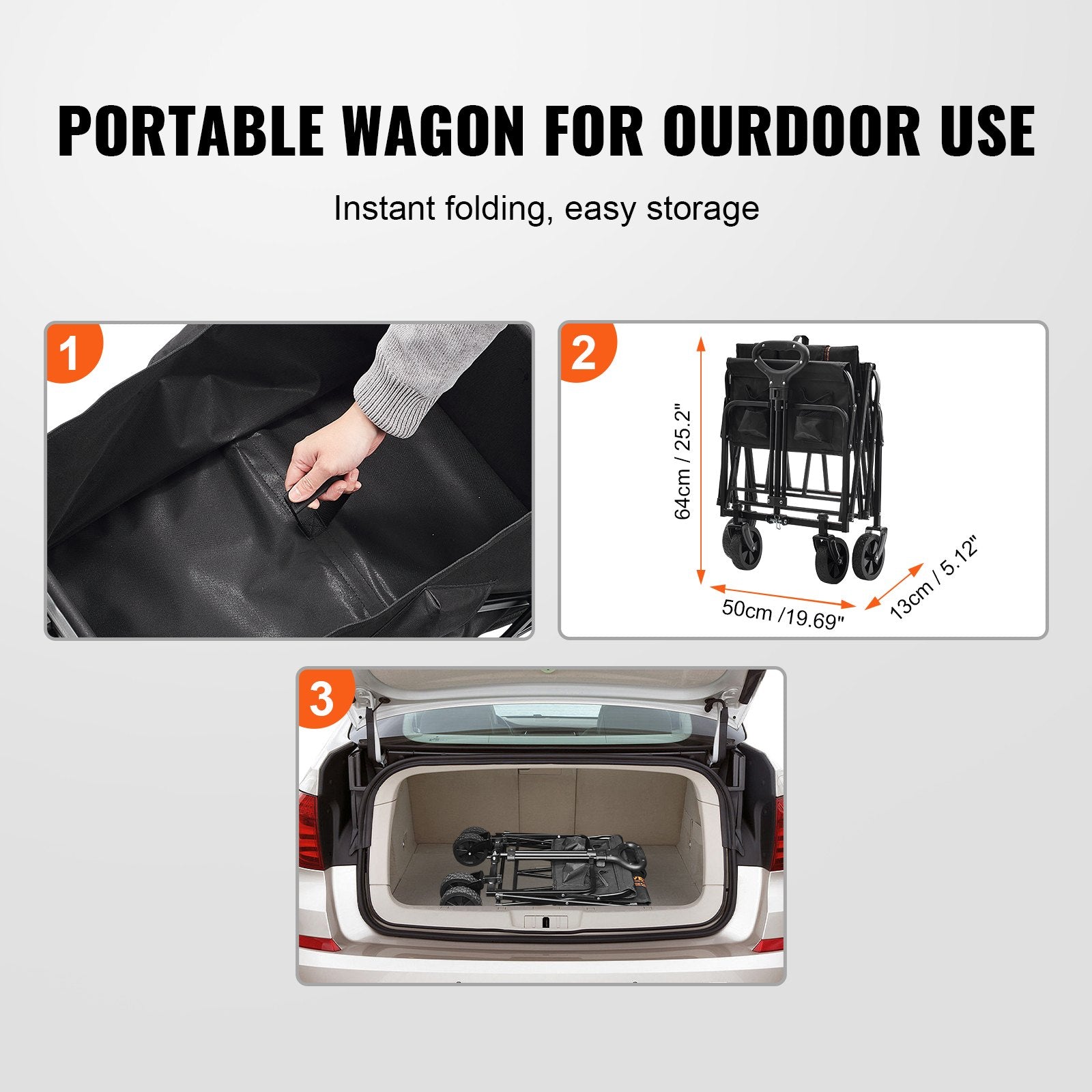 VEVOR Collapsible Folding Wagon, 2 cu.ft Grass Wagon Cart with All-Terrain 5in Wheels, Heavy Duty Folding Wagon Cart 220 lbs Weight Capacity with Drink Holders, Sports Wagon for Camping, Shopping, Gar