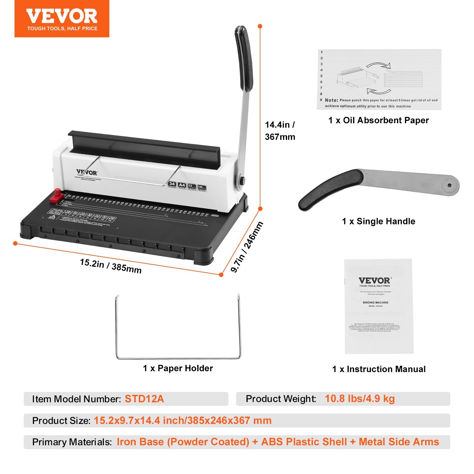 VEVOR Coil Spiral Binding Machine, Manual Book Maker 34-Holes Binding 120 Sheets, Punch Binder with Adjustable Side Margin, for Letter Size, A4, A5