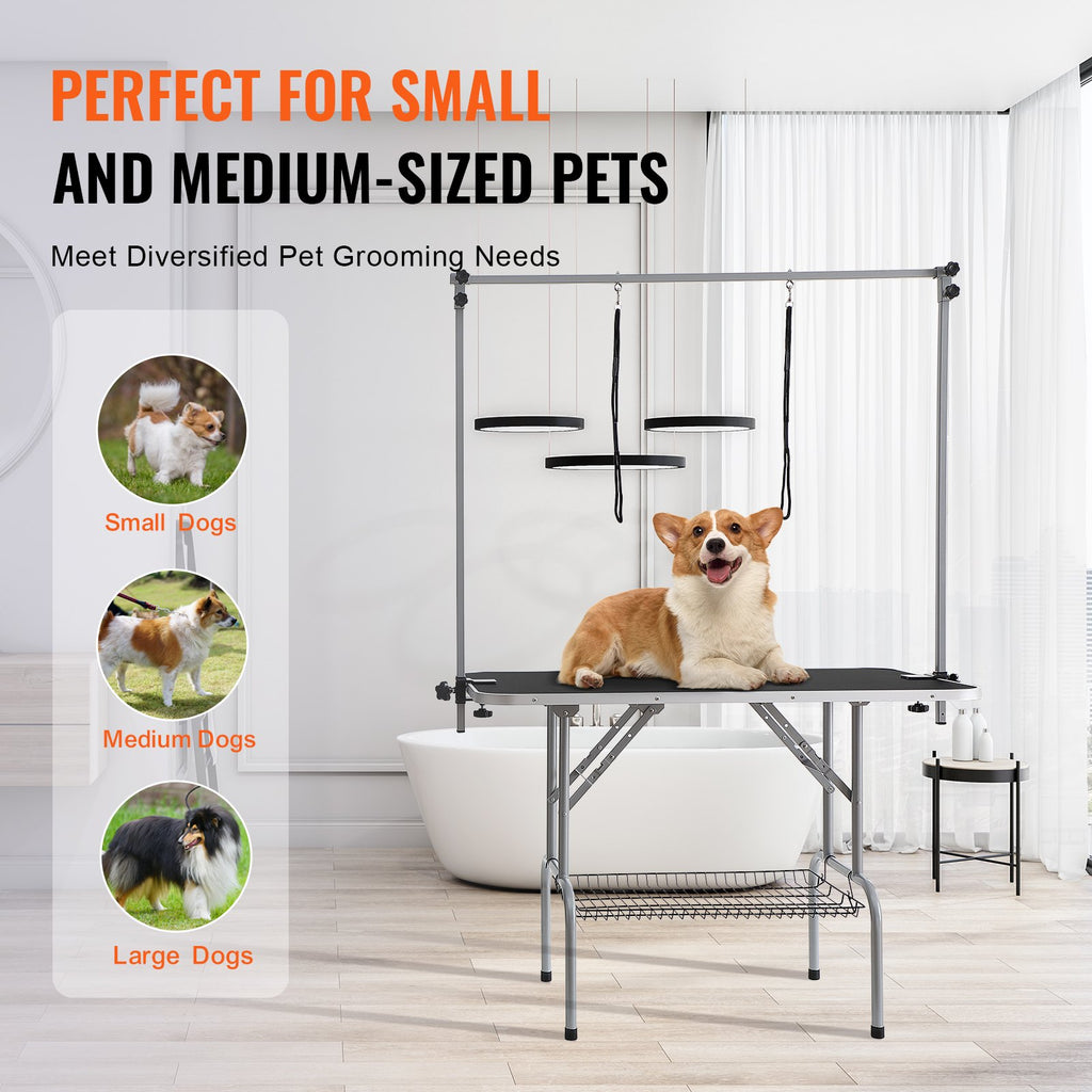 VEVOR Pet Grooming Table Two Arms with Clamp, 117cm Dog Grooming Station, Foldable Pets Grooming Stand for Medium and Small Dogs, Free Two No Sit Haunch Holder with Grooming Loop, Bearing 149.7kg