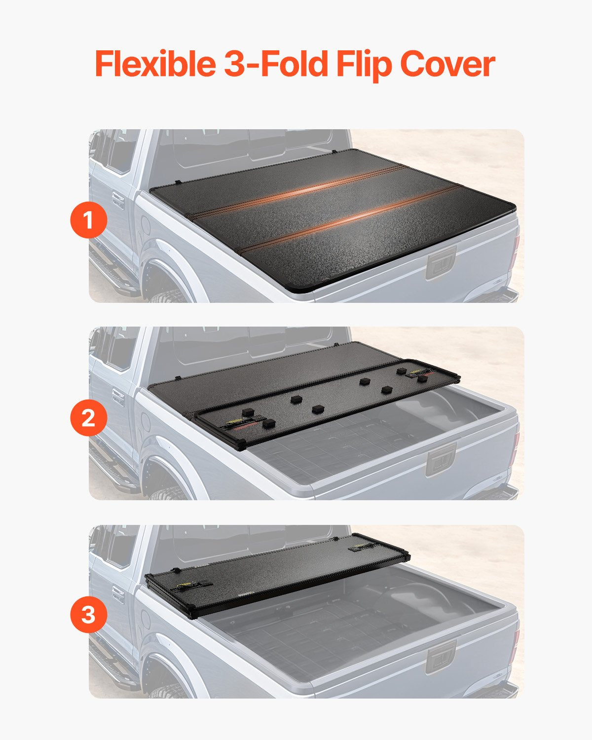 VEVOR Tri-Fold Truck Bed Tonneau Cover, Compatible with 2015-2024 Ford F-150, 2004 mm Bed, Only Fit 2004 x 1656 mm Inside Bed, 181.4 kg Load Capacity with Built-in LED Light, Quick Folding, Black