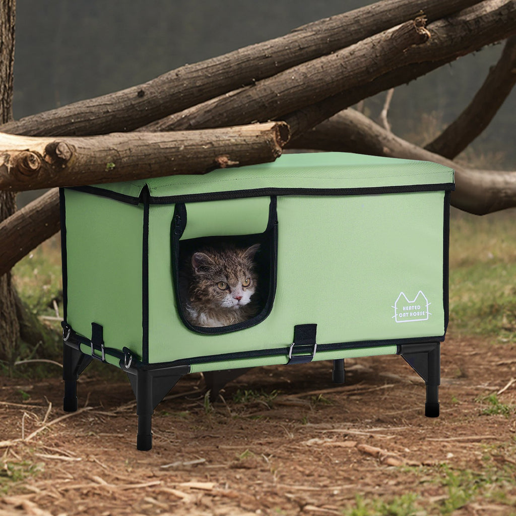 VEVOR Elevated Heated Cat House, Cuboid Kitty Shelter with Adjustable Temperature and Timer, 900D Oxford Cloth Foldable Cat Shelter with Heated Pad  for Winter to Stay Warm and Cozy, Green (Middle)