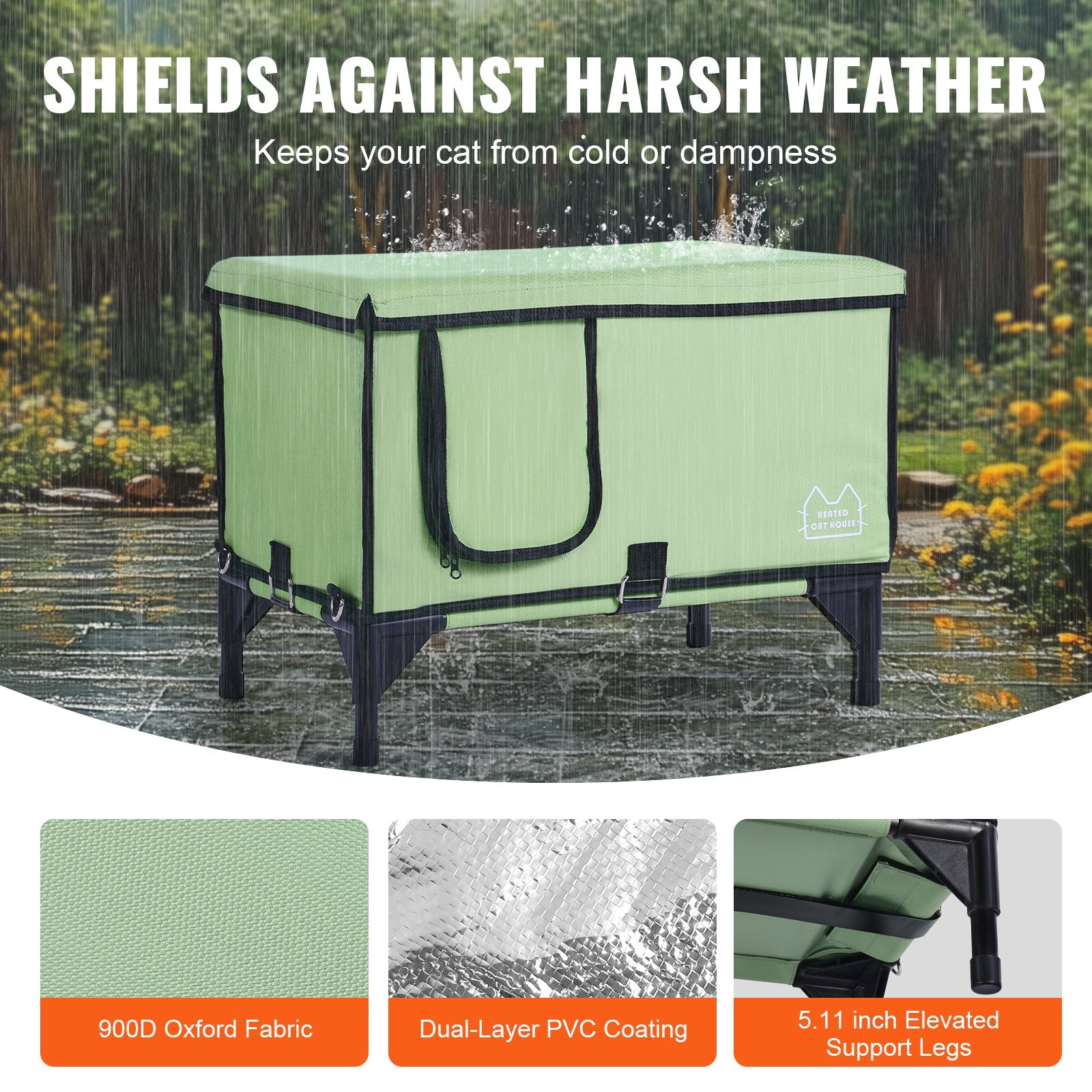 VEVOR Elevated Heated Cat House, Cuboid Kitty Shelter with Adjustable Temperature and Timer, 900D Oxford Cloth Foldable Cat Shelter with Heated Pad  for Winter to Stay Warm and Cozy, Green (Large)