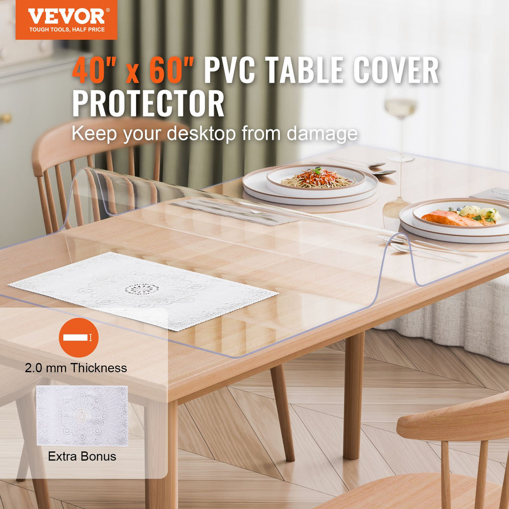 VEVOR Plastic Table Cover, 40 x 60 Inch 2.0 mm Thick Clear Table Protector, Rectangle PVC Desk Mat, Waterproof & Easy Cleaning Desk Pad Tablecloth, for Office Dresser Dining Room Table Night Stand