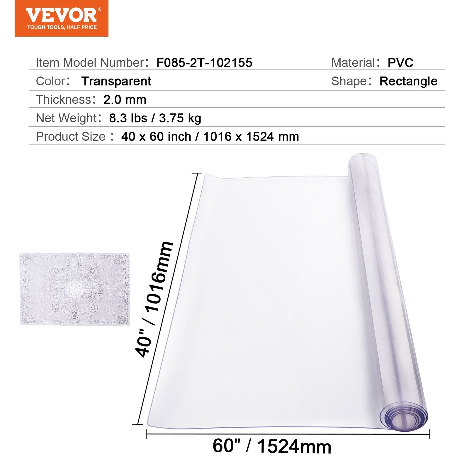 VEVOR Plastic Table Cover, 40 x 60 Inch 2.0 mm Thick Clear Table Protector, Rectangle PVC Desk Mat, Waterproof & Easy Cleaning Desk Pad Tablecloth, for Office Dresser Dining Room Table Night Stand
