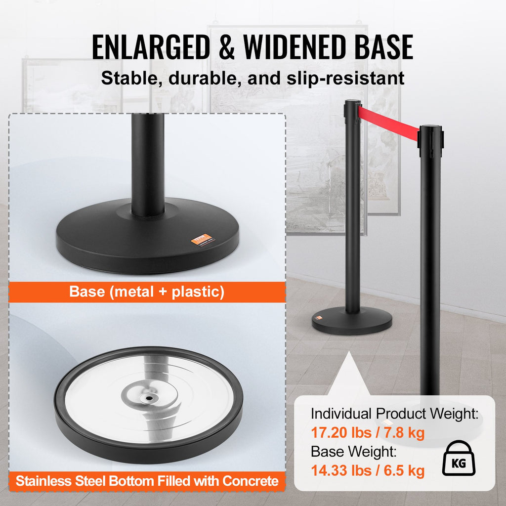 VEVOR Crowd Control Stanchions, 2-Pack Crowd Control Barriers, Carbon Steel Baking Painted Stanchion Queue Post with 11FT Red Retractable Belt, Belt Barriers Line Divider for Exhibition, Airport