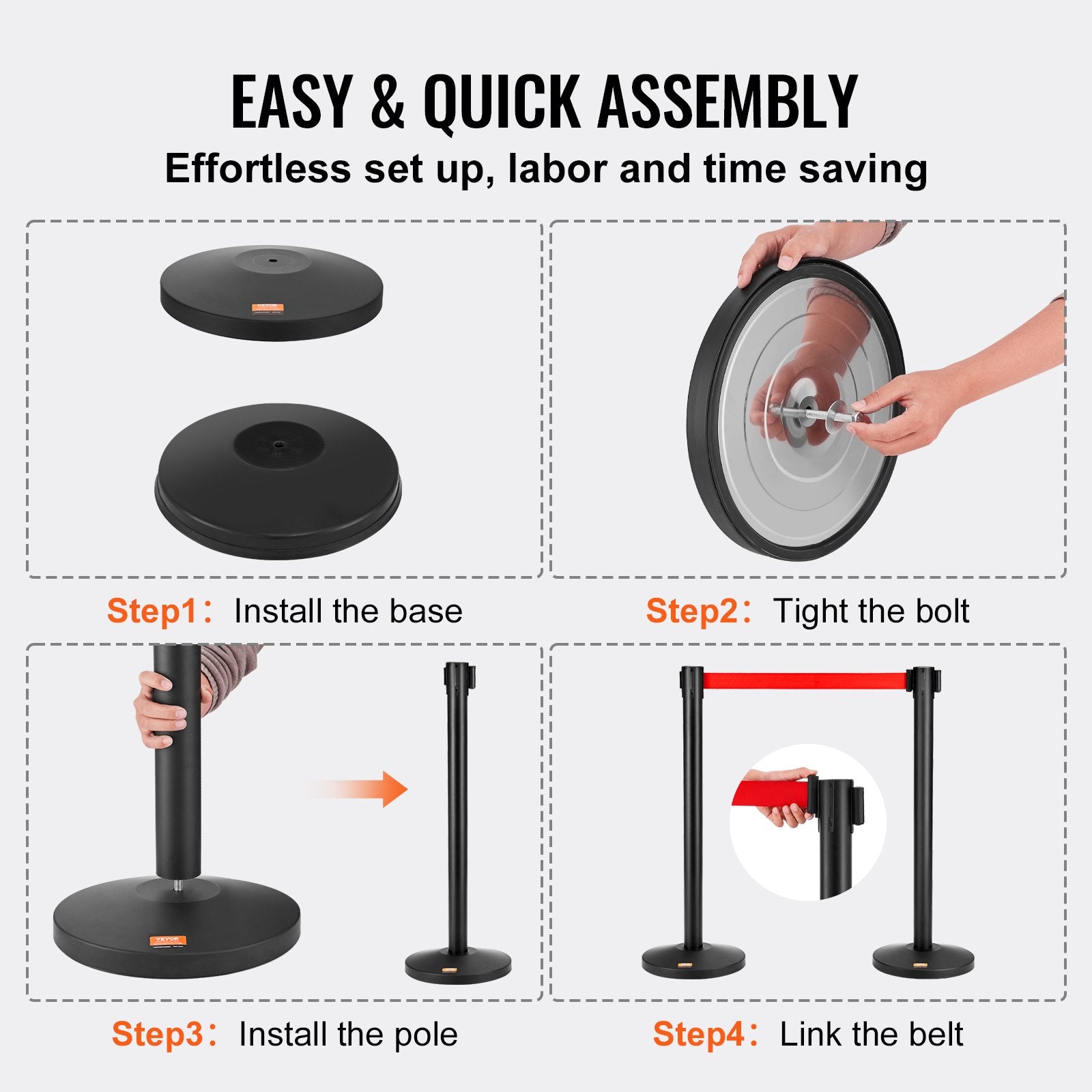 VEVOR Crowd Control Stanchions, 2-Pack Crowd Control Barriers, Carbon Steel Baking Painted Stanchion Queue Post with 11FT Red Retractable Belt, Belt Barriers Line Divider for Exhibition, Airport