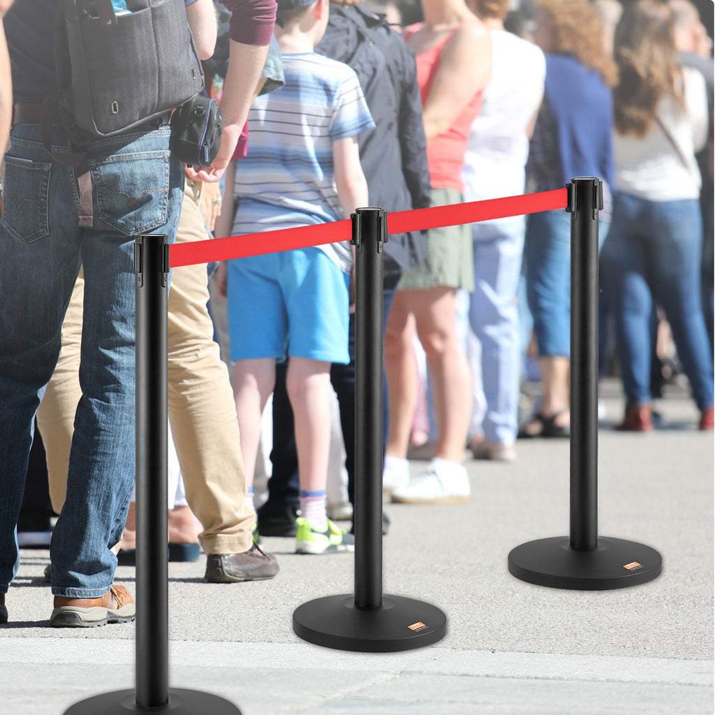 VEVOR Crowd Control Stanchions, 2-Pack Crowd Control Barriers, Carbon Steel Baking Painted Stanchion Queue Post with 11FT Red Retractable Belt, Belt Barriers Line Divider for Exhibition, Airport