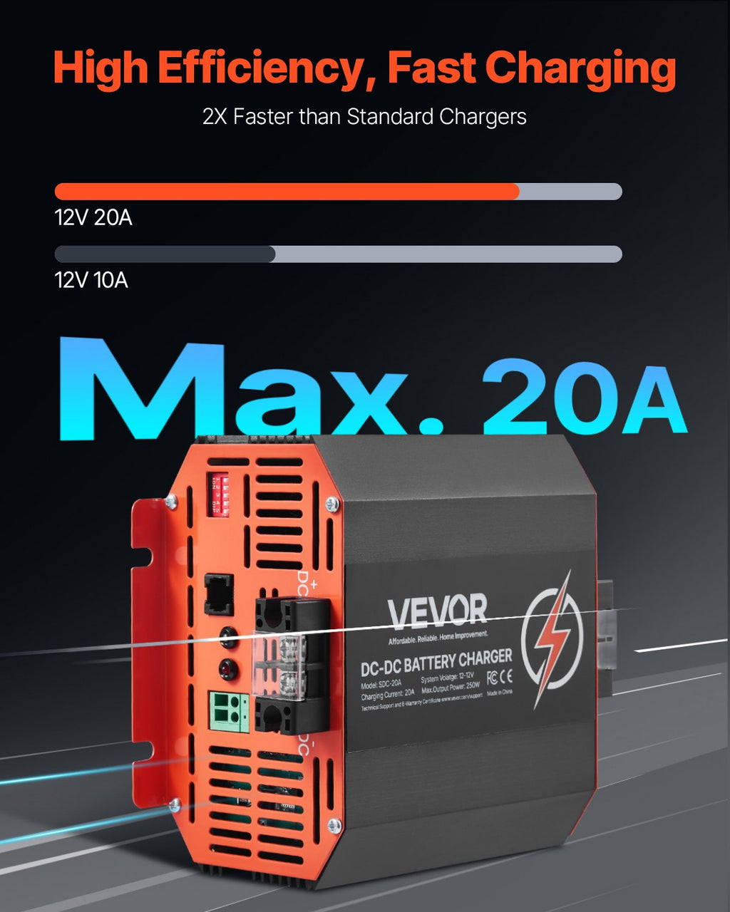 VEVOR 12V 20A DC to DC Charger Battery Charger 250W for Lead-Acid Lithium AGM