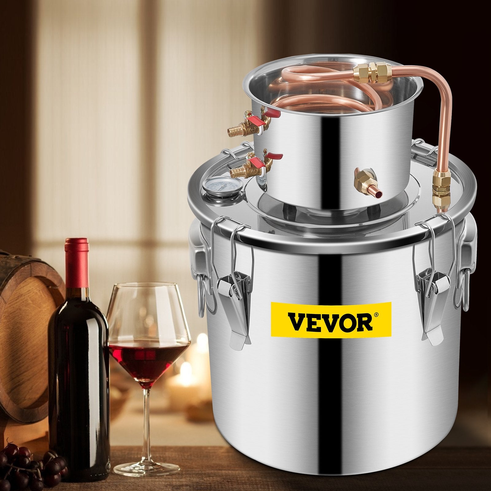 VEVOR Moonshine Still 5 Gal 21L Stainless Steel Water Alcohol Distiller Copper Tube Home Brewing Kit Build-in Thermometer for DIY Whisky Wine Brandy, 5Gal, Silver