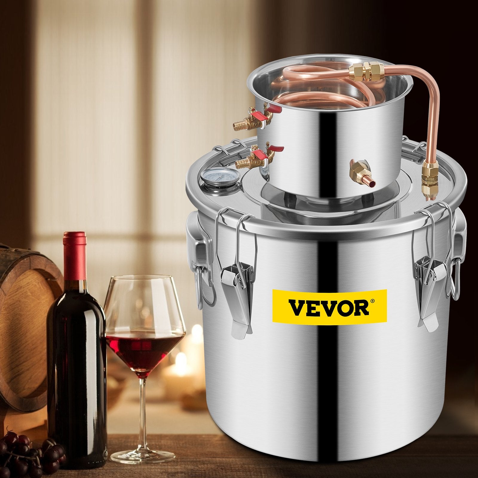 VEVOR Moonshine Still 9.6Gal 38L Stainless Steel Water Alcohol Distiller Copper Tube Home Brewing Kit Build-in Thermometer for DIY Whisky Wine Brandy, Sliver