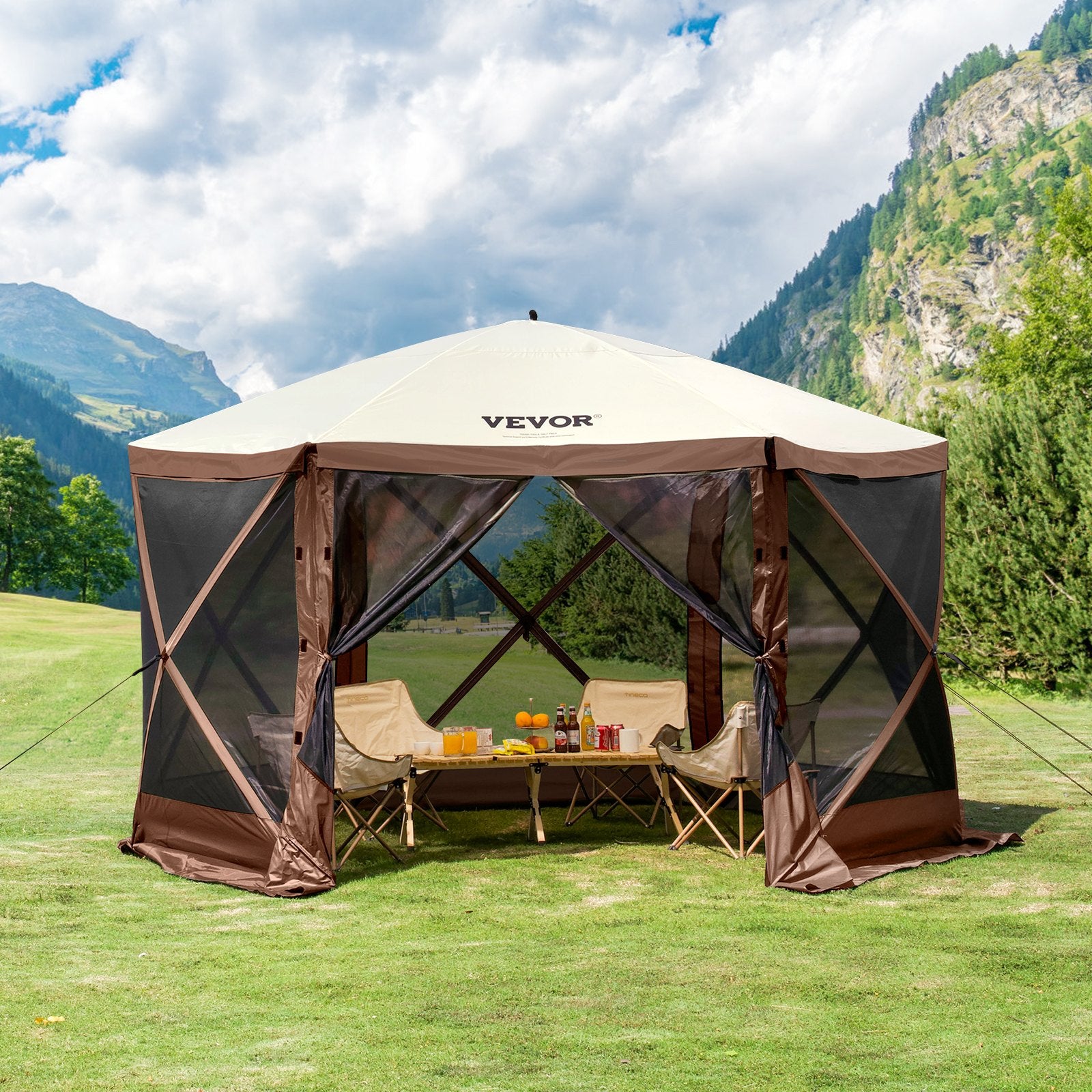 VEVOR Pop Up Gazebo Tent, Pop-Up Screen Tent 6 Sided Canopy Sun Shelter with 6 Removable Privacy Wind Cloths & Mesh Windows, 12.5x12.5FT Quick Set Screen Tent with Mosquito Netting, Brown