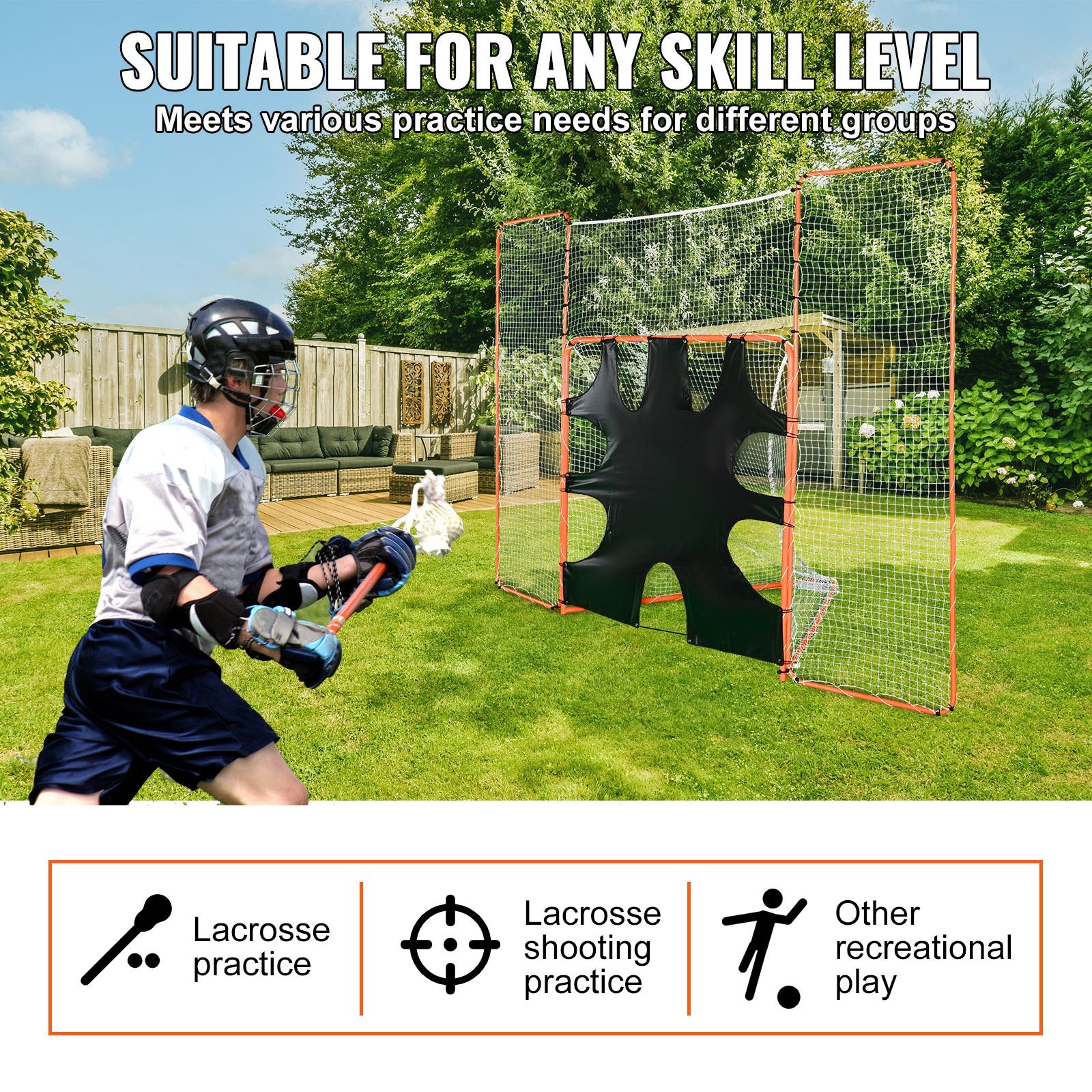 VEVOR 3-IN-1 Lacrosse Goal with Backstop and Target,3.7mx2.7m Lacrosse Net, Steel Frame Backyard Lacrosse Rebounder Equipment, Quick & Easy Setup Training Net, Perfect for Youth Adult Training, Orange