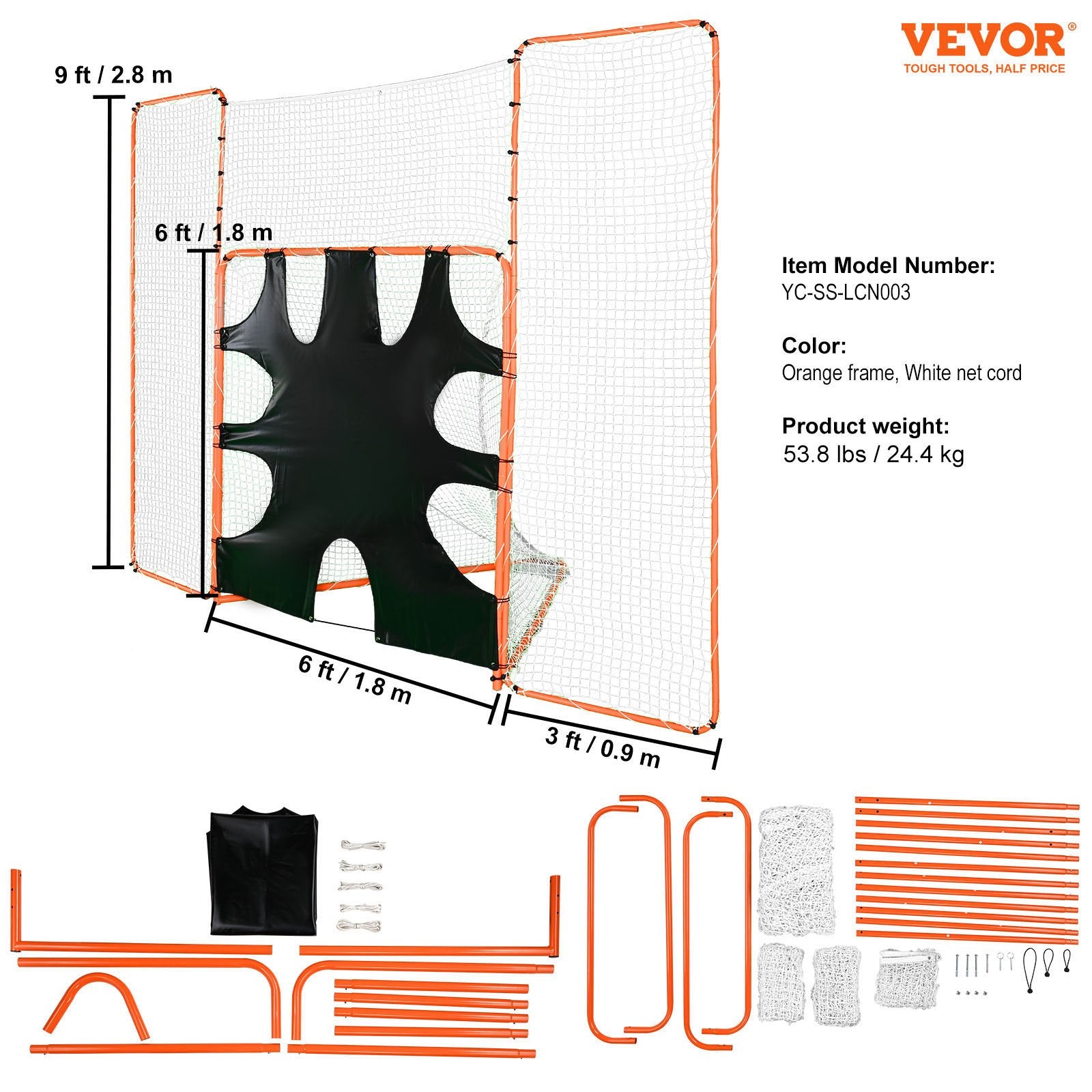 VEVOR 3-IN-1 Lacrosse Goal with Backstop and Target,3.7mx2.7m Lacrosse Net, Steel Frame Backyard Lacrosse Rebounder Equipment, Quick & Easy Setup Training Net, Perfect for Youth Adult Training, Orange