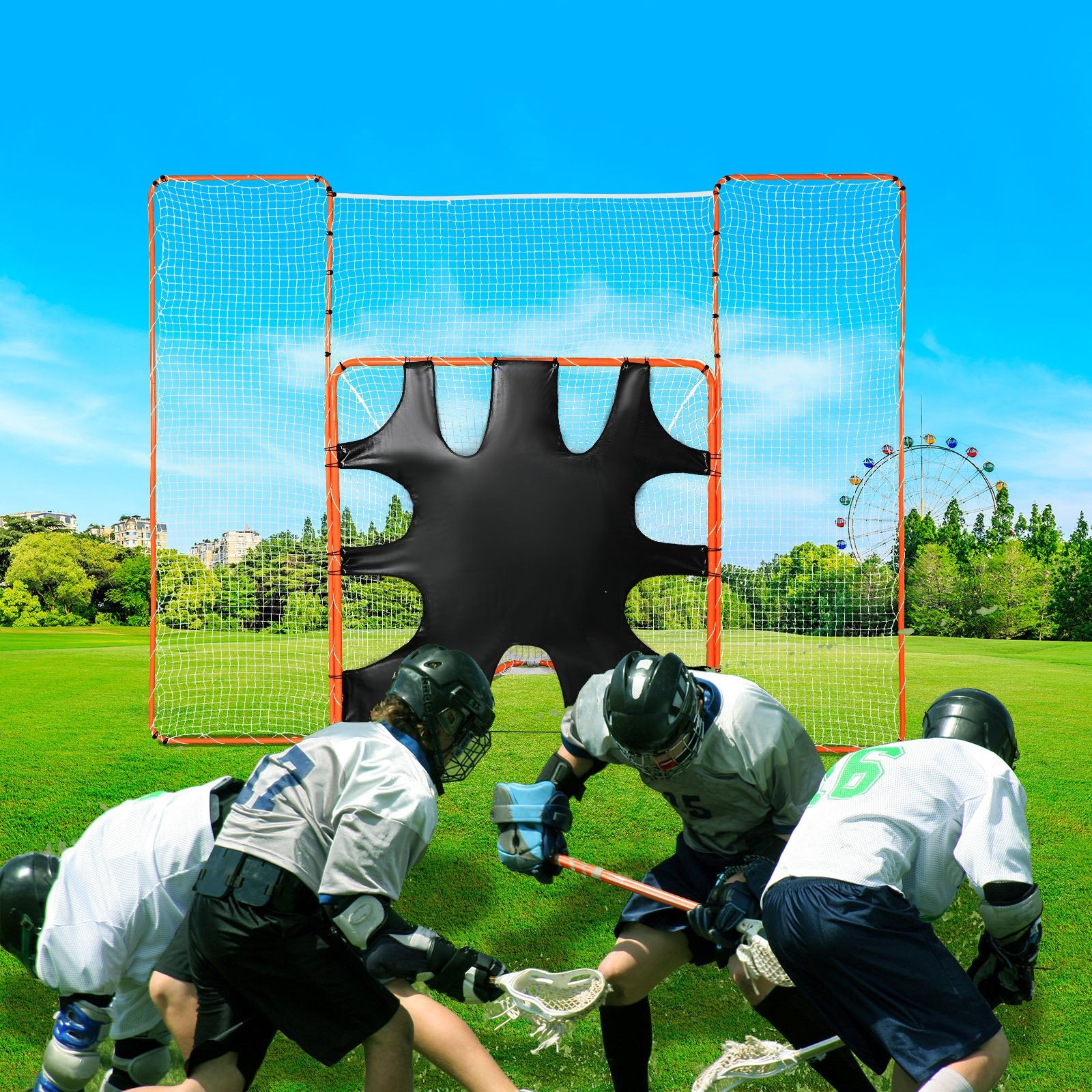 VEVOR 3-IN-1 Lacrosse Goal with Backstop and Target,3.7mx2.7m Lacrosse Net, Steel Frame Backyard Lacrosse Rebounder Equipment, Quick & Easy Setup Training Net, Perfect for Youth Adult Training, Orange