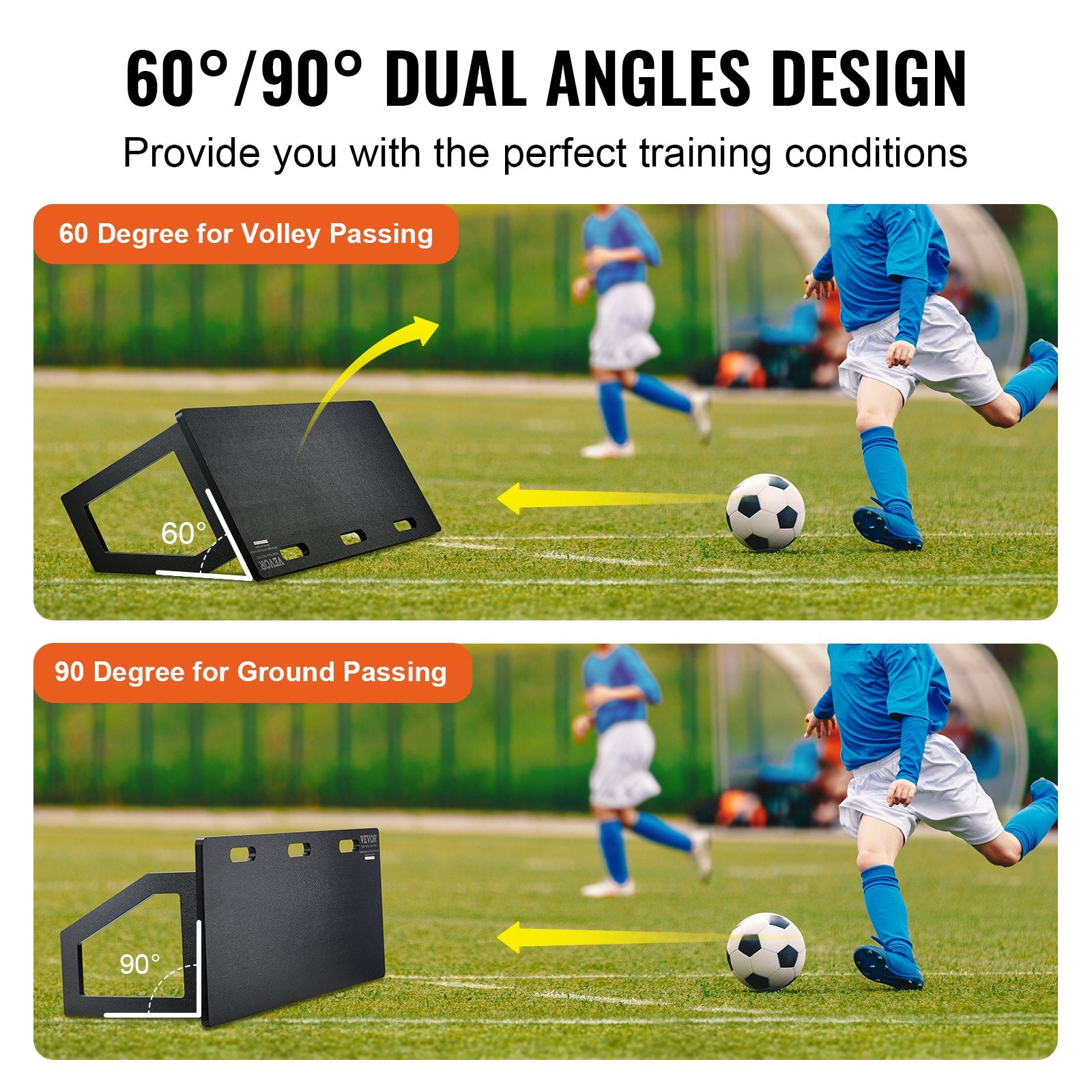 VEVOR Soccer Rebounder Board, 115x45 cm Portable Soccer Wall with 2 Angles Rebound, Foldable HDPE Kickback Rebound Board, Soccer Training Equipment for Kids and Adults, Passing & Shooting Practice