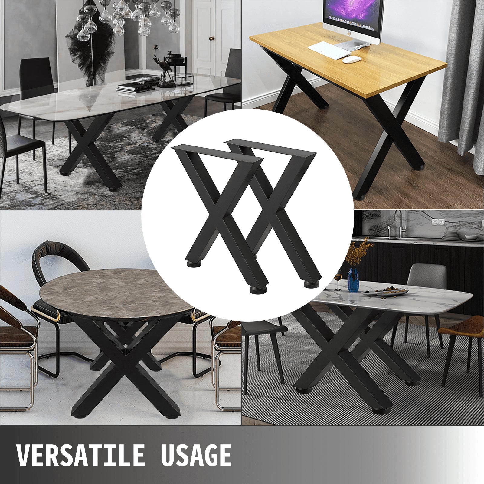 VEVOR Set of 2 Steel Table Legs, 16'Height 15'Wide Dining Table Legs, Heavy Duty 3.1" Square Box Section X Frame Table Legs, 16x15x3.1 Inch Black Color Industrial Country Style Metal Dining Legs
