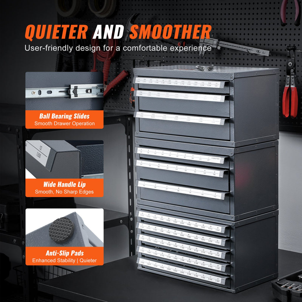 VEVOR Drill Bit Dispenser Cabinet, Three-Drawer Drill Bit Organizer Cabinet for 1/16" to 1/2", Steel Drill Dispenser Organizer Cabinet with Labels, Stackable Drill Dispenser for Drill Bit Storage