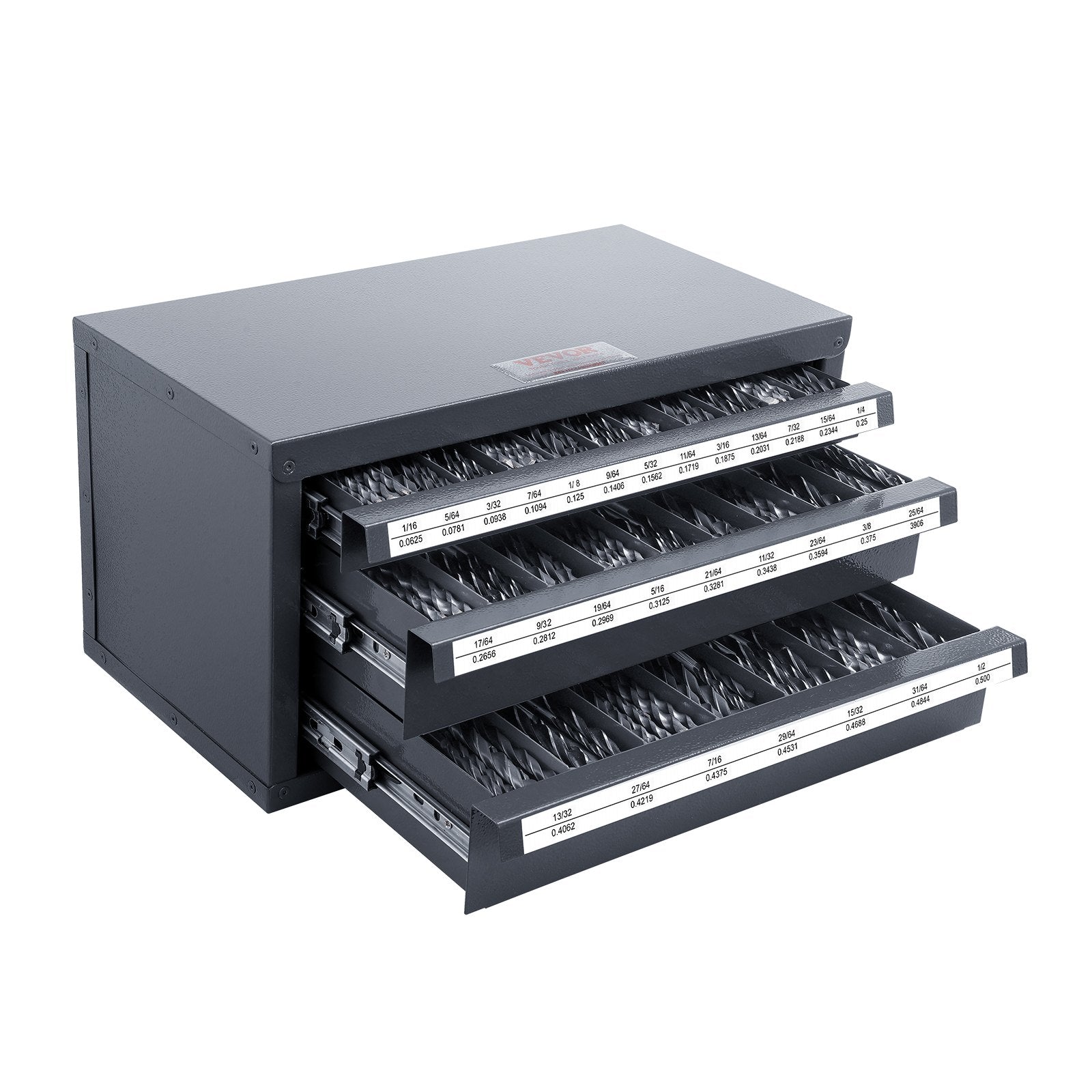 VEVOR Drill Bit Dispenser Cabinet, Three-Drawer Drill Bit Organizer Cabinet for 1/16" to 1/2", Steel Drill Dispenser Organizer Cabinet with Labels, Stackable Drill Dispenser for Drill Bit Storage