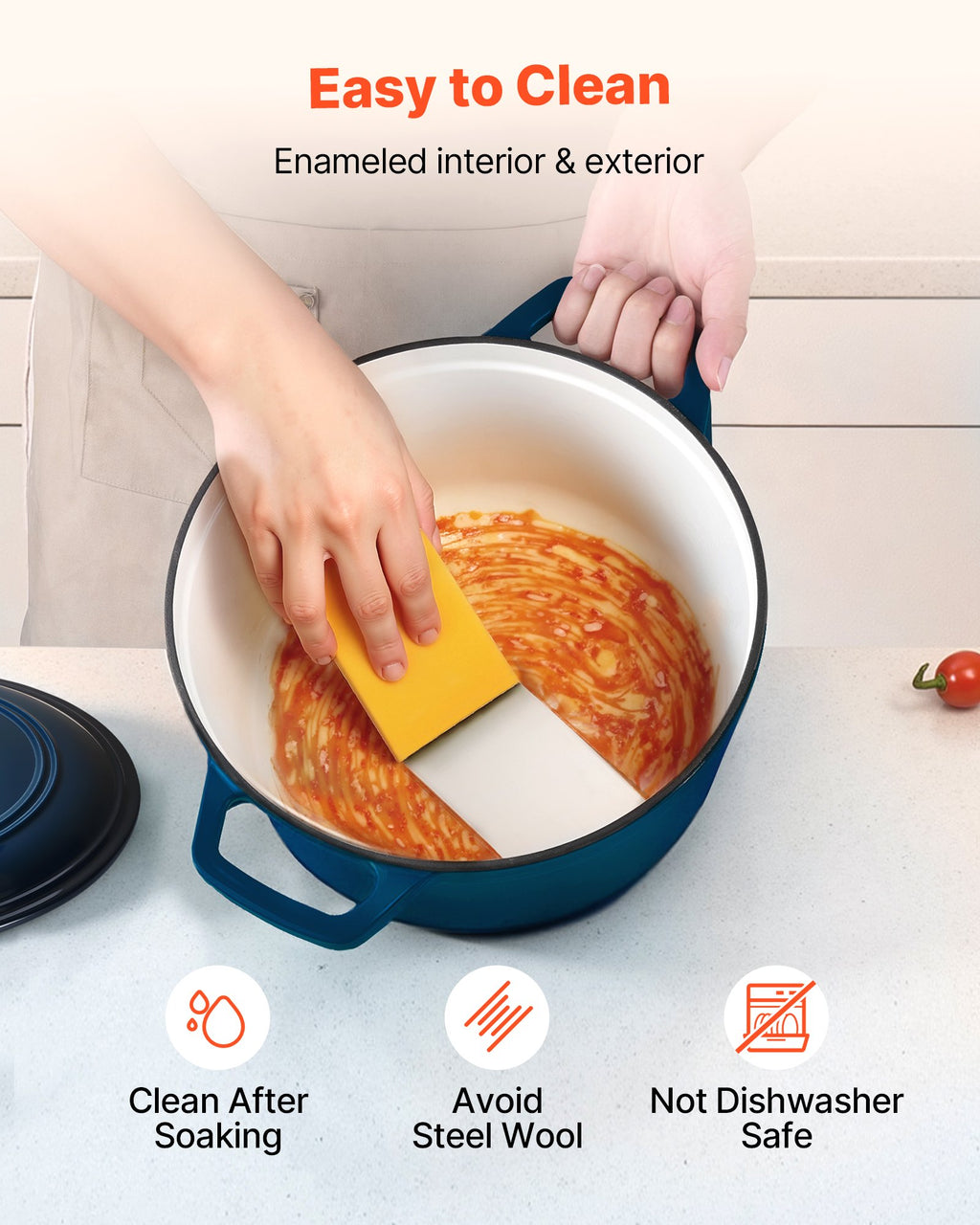 VEVOR Enameled Cast Iron Dutch Oven, 5.7L Pot with Lid and Dual Handles, Heavy-Duty Durable Cookware Pan, Oven Induction Compatible up to 260 ℃, for Braising, Stews, Roasting, Bread Baking, Blue