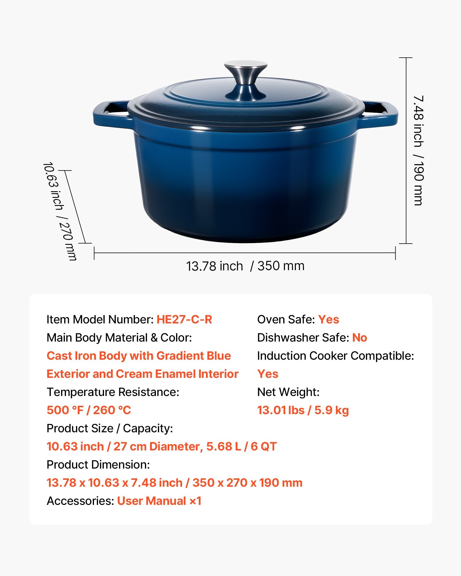 VEVOR Enameled Cast Iron Dutch Oven, 5.7L Pot with Lid and Dual Handles, Heavy-Duty Durable Cookware Pan, Oven Induction Compatible up to 260 ℃, for Braising, Stews, Roasting, Bread Baking, Blue