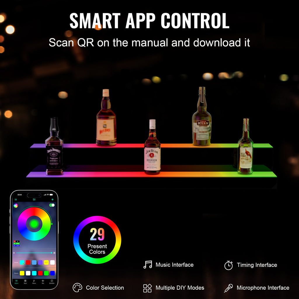 VEVOR LED Lighted Liquor Bottle Display, 2 Tiers 40 Inch Commercial Illuminated Home Bar Shelf, 2 Steps Whiskey Rack Stand, Acrylic Drink Shelves with RF Remote & App Control, and Multicolor lighting