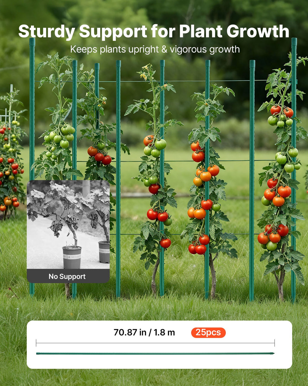 VEVOR Garden Stakes, 25 Pack, 1800 mm, Plastic Coated Metal Tomato Stakes, Garden Sticks for Plants Support, with Pointed End and Non-Slip Bumps for Growing Climbing Plants, Outdoor Vegetables