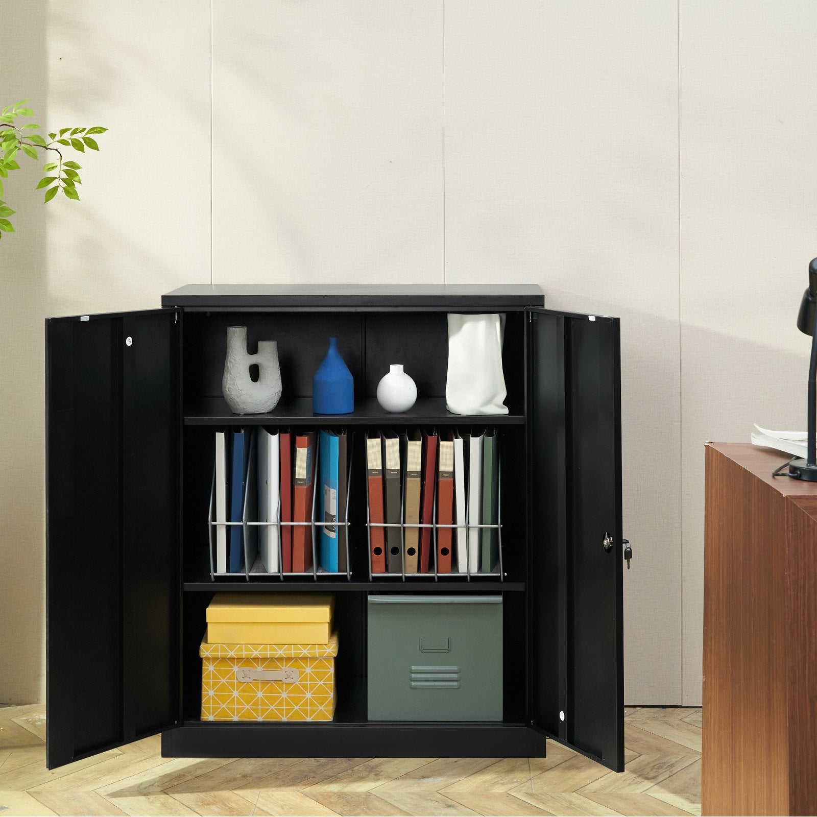 VEVOR Metal Storage Cabinet w/ 3 Keys 2 Adjustable Shelves & Magnetic Door Black