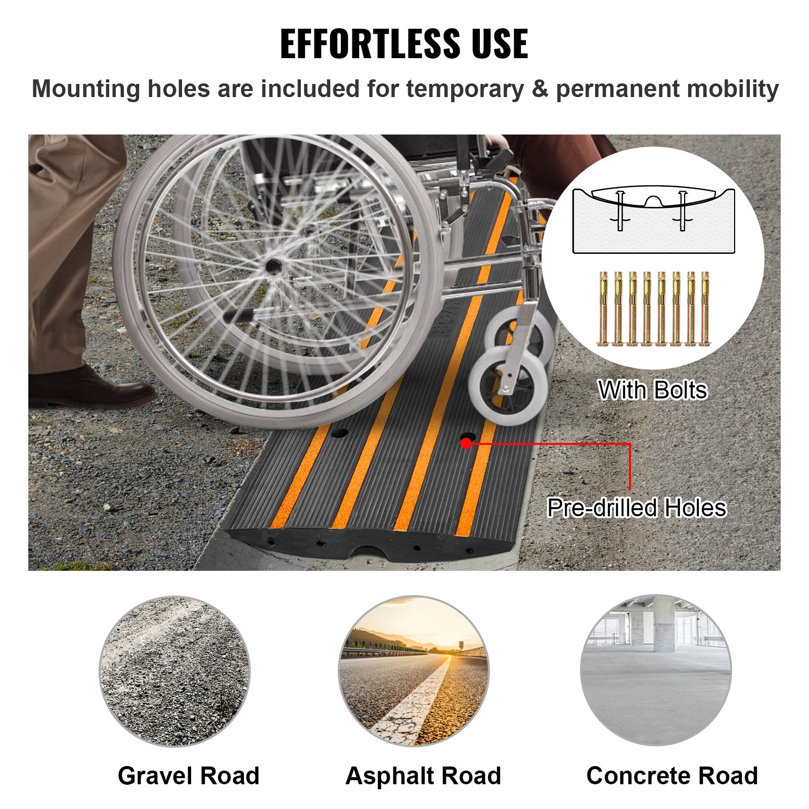VEVOR Curb Ramp, 6.5 cm Rise Rubber Driveway Ramps, Heavy Duty 15 tons Weight Capacity Threshold Ramp, Curbside Bridge Ramps for Loading Dock Garage Sidewalk, Expandable Full Ramp Set