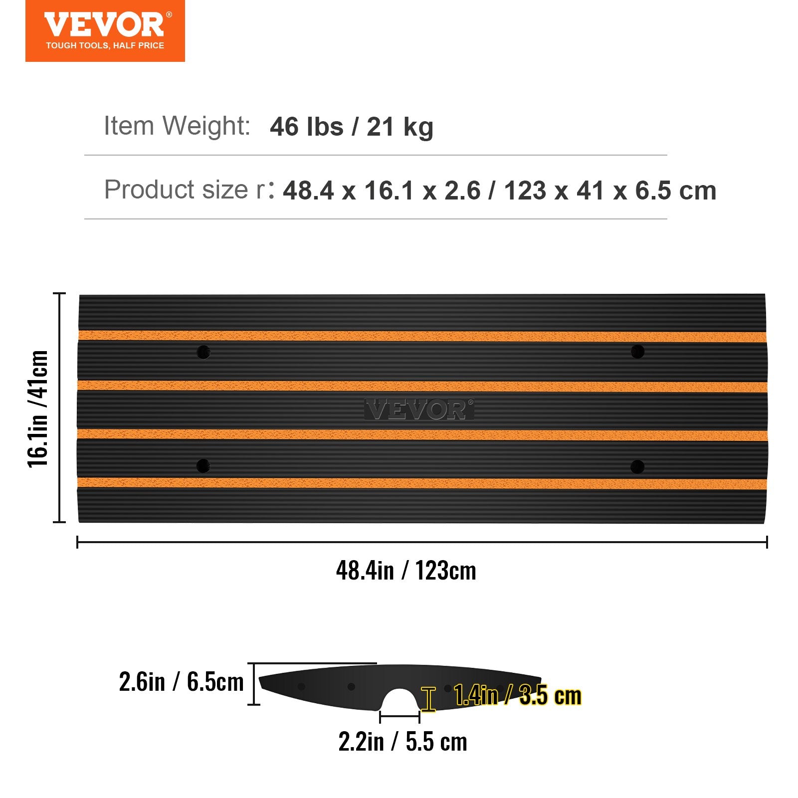 VEVOR Curb Ramp, 6.5 cm Rise Rubber Driveway Ramps, Heavy Duty 15 tons Weight Capacity Threshold Ramp, Curbside Bridge Ramps for Loading Dock Garage Sidewalk, Expandable Full Ramp Set