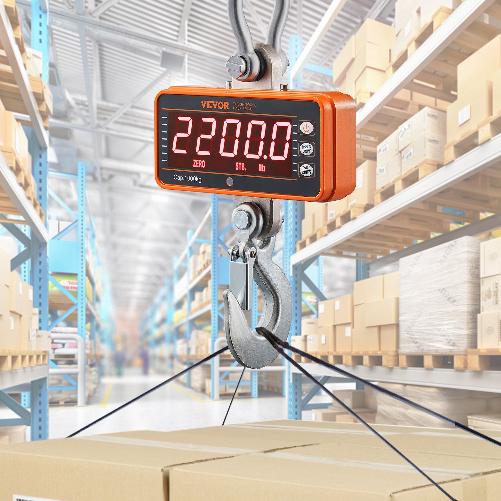 VEVOR Digital Crane Scale, 2200 lbs/1000 kg, Industrial Heavy Duty Hanging Scale with Remote Control, Cast Aluminum Case & LED Screen, High Precision for Construction, Factory, Farm, Hunting (Orange)