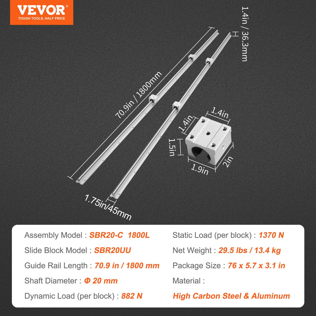 VEVOR Linear Guide Rail Set, SBR20 1800mm, 2 PCS 70.9 in/1800 mm SBR20 Guide Rails and 4 PCS SBR20UU Slide Blocks, Linear Rails and Bearings Kit for Automated Machines DIY Project CNC Router Machines