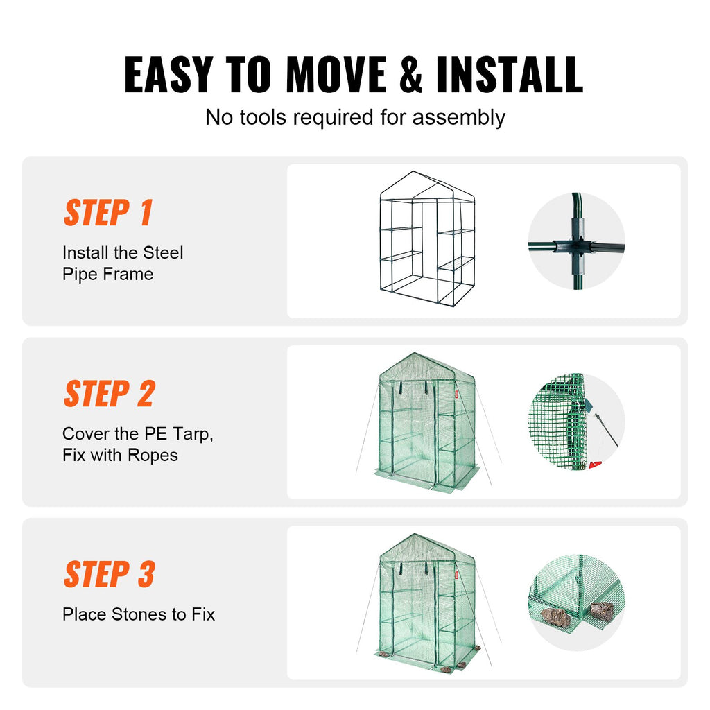 VEVOR Walk-in Green House, 4.6 x 2.4 x  6.7 ft  Greenhouse with Shelves, Set Up in Minutes, High Strength PE Cover with Doors & Windows and Steel Frame, Suitable for Planting and Storage, Green