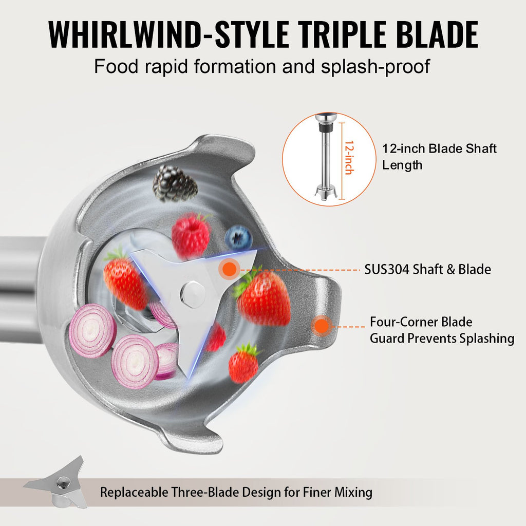 VEVOR Commercial Immersion Blender, 350W Heavy Duty Hand Mixer, 12 inch Stepless Variable Speed Mixer with Stainless Steel Blade, Multi-Purpose Portable Mixer for Soup, Sauces, Mashed Potatoes, Cream