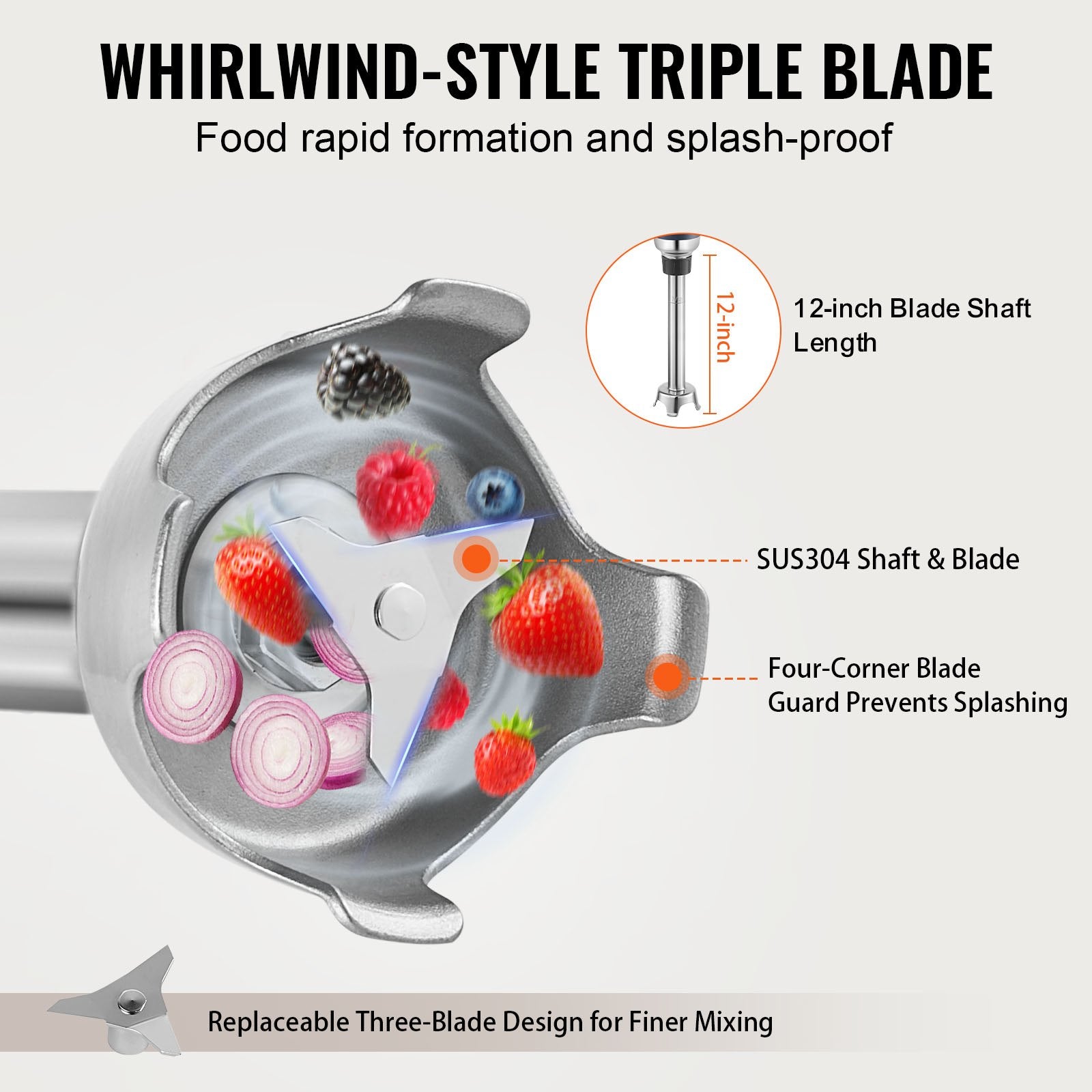 VEVOR Commercial Immersion Blender, 350W Heavy Duty Hand Mixer, 12 inch Stepless Variable Speed Mixer with Stainless Steel Blade, Multi-Purpose Portable Mixer for Soup, Sauces, Mashed Potatoes, Cream