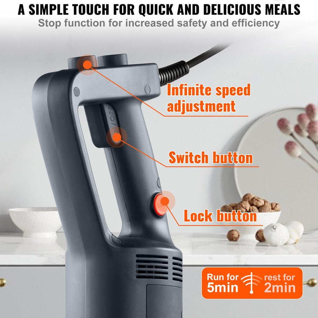 VEVOR Professional Stick Blender, 500W Powerful Handheld Mixer, Adjustable Speed with Stainless Steel Blade, Versatile Hand Mixer for Soups, Smoothies, Purees, and Baby Food