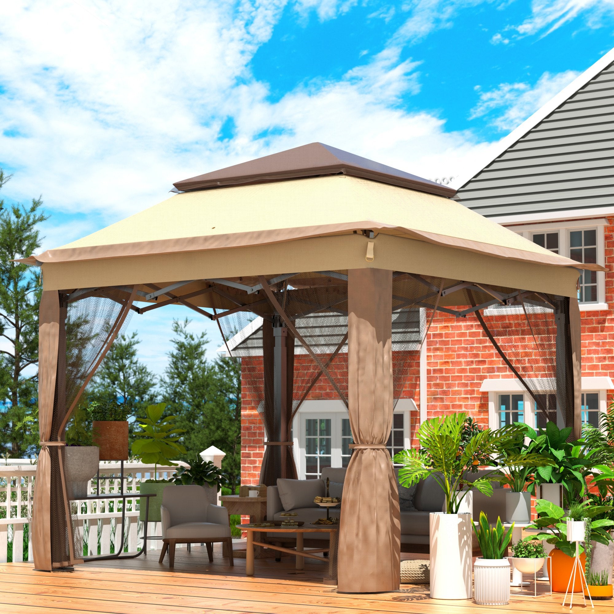 VEVOR Outdoor Canopy Gazebo Tent, Portable Canopy Shelter with 11\'x11\' Large Shade Space for Party, Backyard, Patio Lawn and Garden, 4 Sandbags, Carrying Bag and Netting Included, Brown