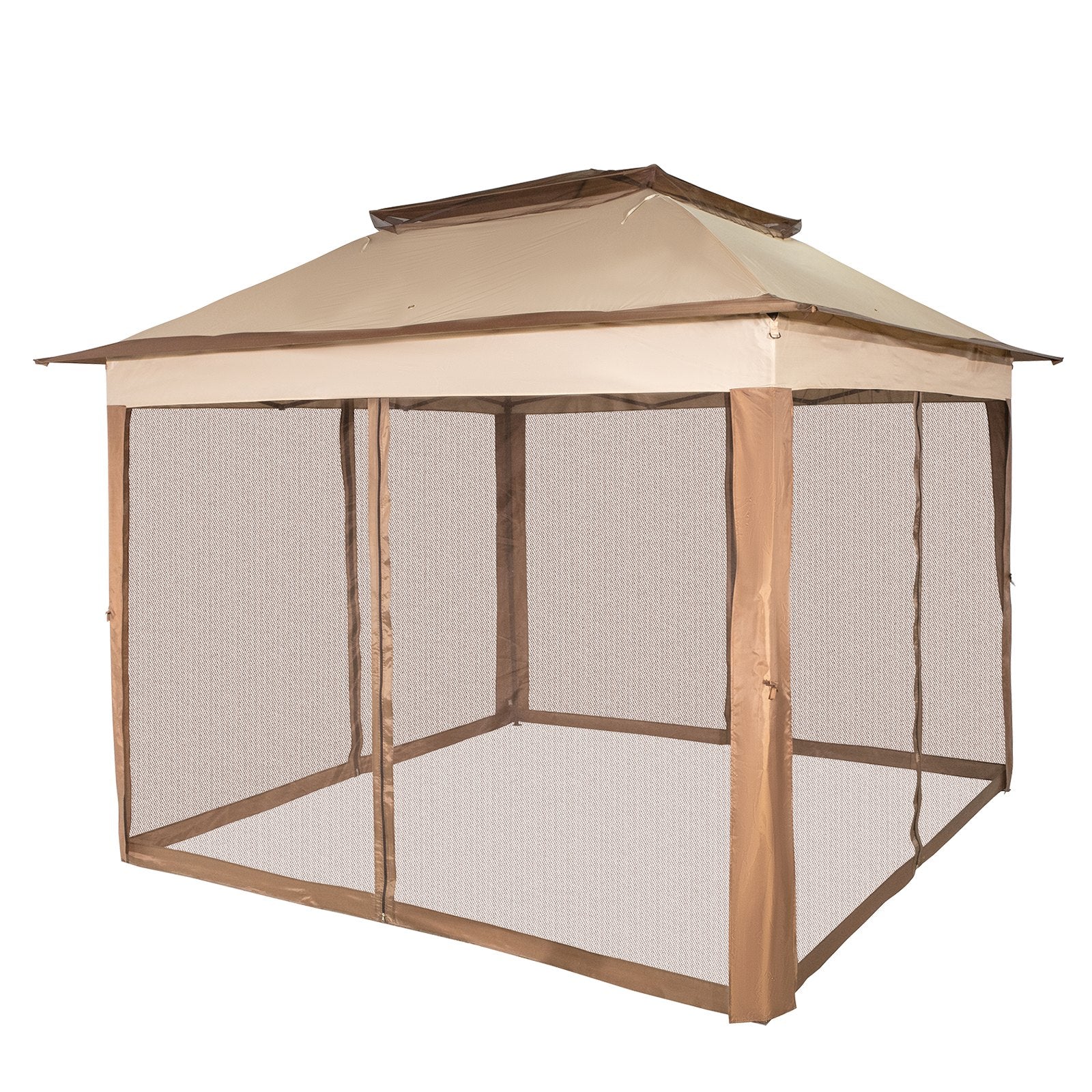 VEVOR Outdoor Canopy Gazebo Tent, Portable Canopy Shelter with 11\'x11\' Large Shade Space for Party, Backyard, Patio Lawn and Garden, 4 Sandbags, Carrying Bag and Netting Included, Brown