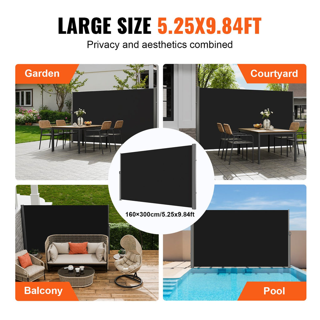VEVOR Retractable Side Awning, 160X300cm Aluminum Outdoor Privacy Screen, 280g Polyester Water-proof Retractable Patio Screen, UV 30+ Room Divider Wind Screen for Patio, Backyard, Balcony, Black