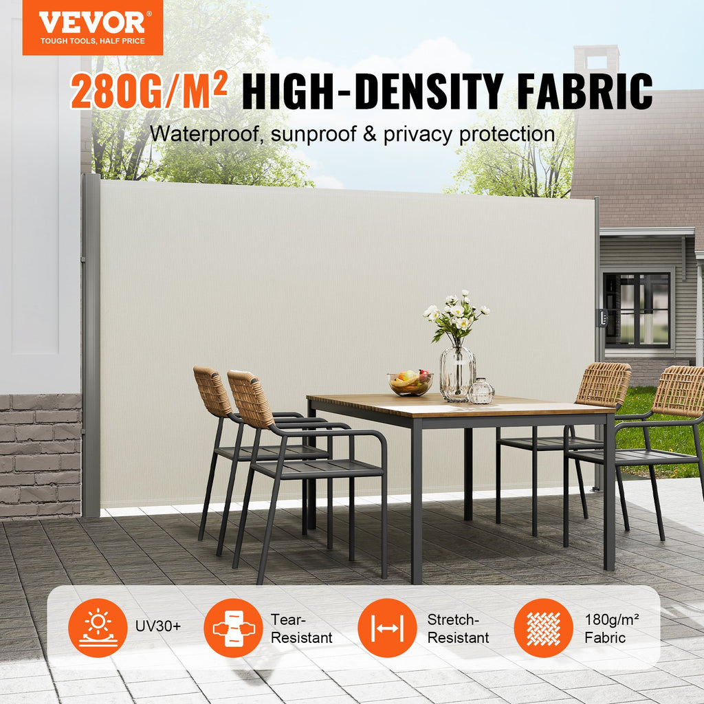 VEVOR Retractable Side Awning,160X300cm Aluminum Outdoor Privacy Screen, 280g Polyester Water-proof Retractable Patio Screen, UV 30+ Room Divider Wind Screen for Patio, Backyard, Balcony, Beige