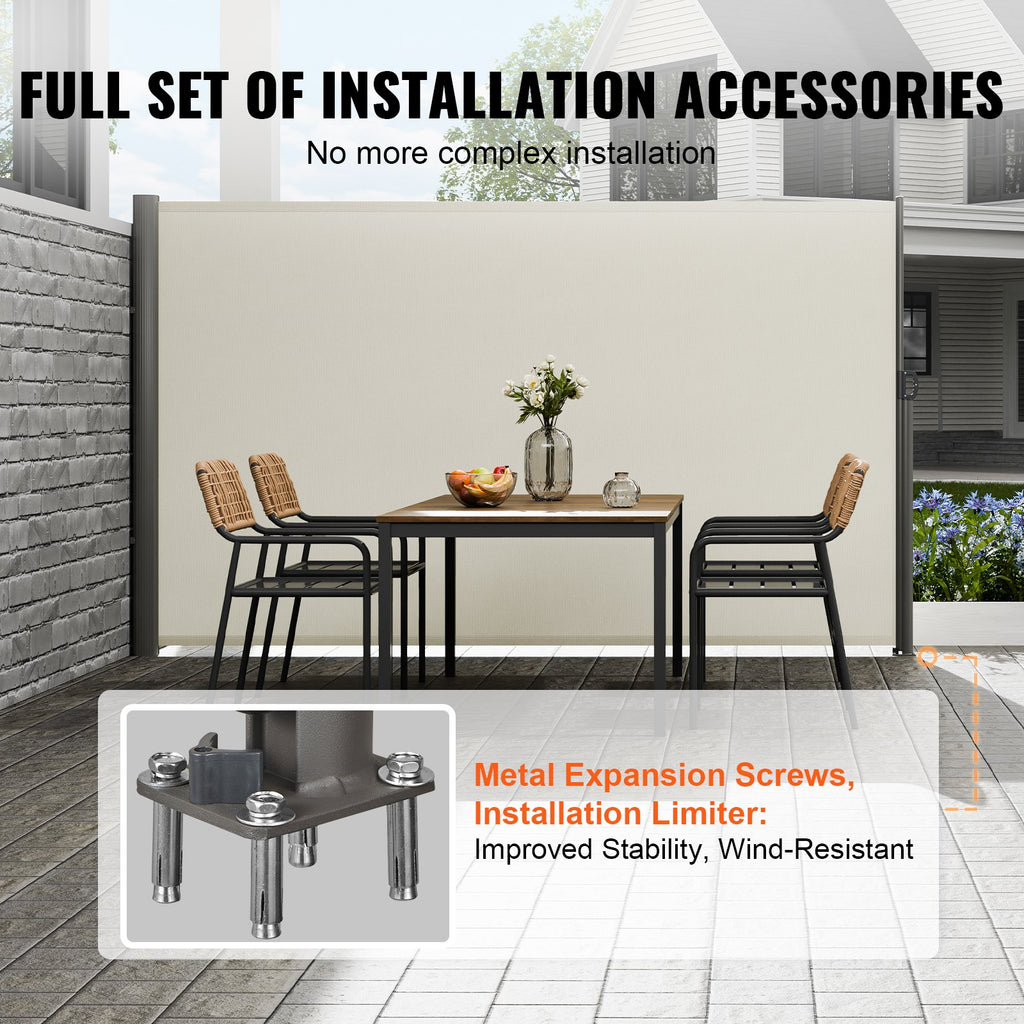 VEVOR Retractable Side Awning,160X300cm Aluminum Outdoor Privacy Screen, 280g Polyester Water-proof Retractable Patio Screen, UV 30+ Room Divider Wind Screen for Patio, Backyard, Balcony, Beige