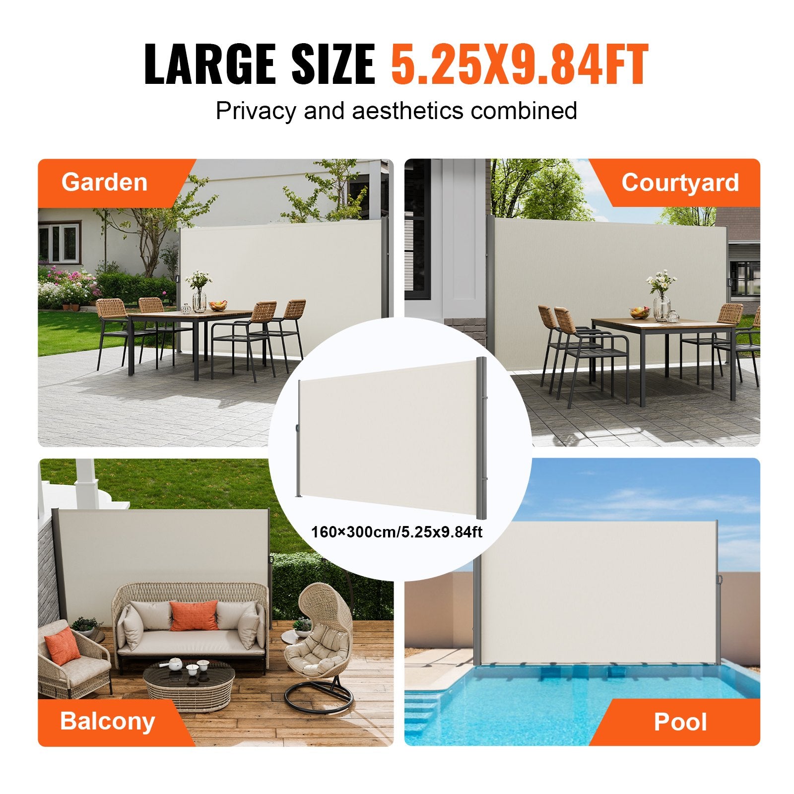 VEVOR Retractable Side Awning,160X300cm Aluminum Outdoor Privacy Screen, 280g Polyester Water-proof Retractable Patio Screen, UV 30+ Room Divider Wind Screen for Patio, Backyard, Balcony, Beige