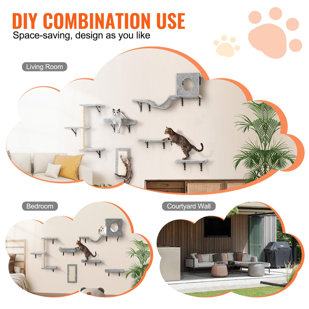 VEVOR Wall Mounted Cat Shelves, Cat Wall Shelves and Perches with Jumping Boards, Hammock, Sofa, Cat Tree & Cat Grip, Cat Furniture and Shelves up to 40 lbs for Sleeping, Playing, Climbing, Set of 6