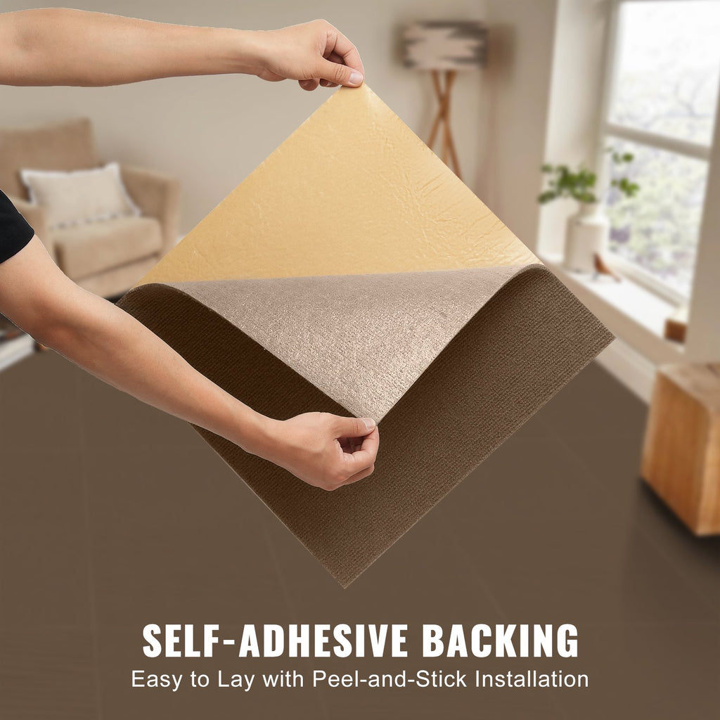 VEVOR Carpet Tiles Peel and Stick, Squares Self Adhesive Carpet Floor Tile, Soft Padded Carpet Tiles, Easy Install DIY for Bedroom Living Room Indoor Outdoor (10 Tiles, Dark Brown)