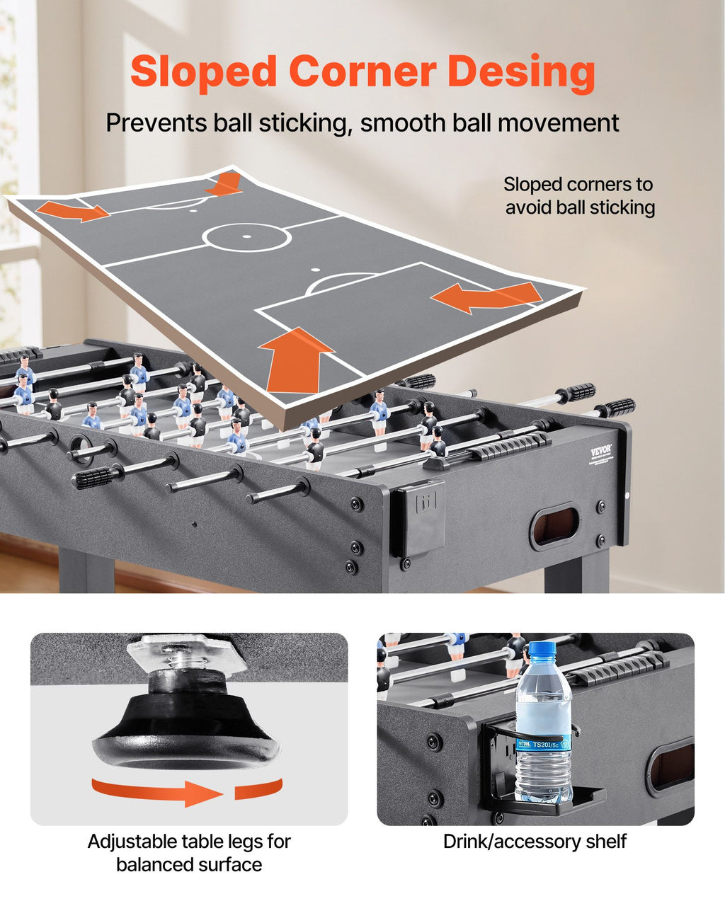 VEVOR Foosball Table, 121 cm Standard Size Table, Indoor Full Size Foosball Tables for Home, Family, and Game Room, Durable Soccer Set, Includes 2 Balls, Score Keeper, and 2 Cup Holders