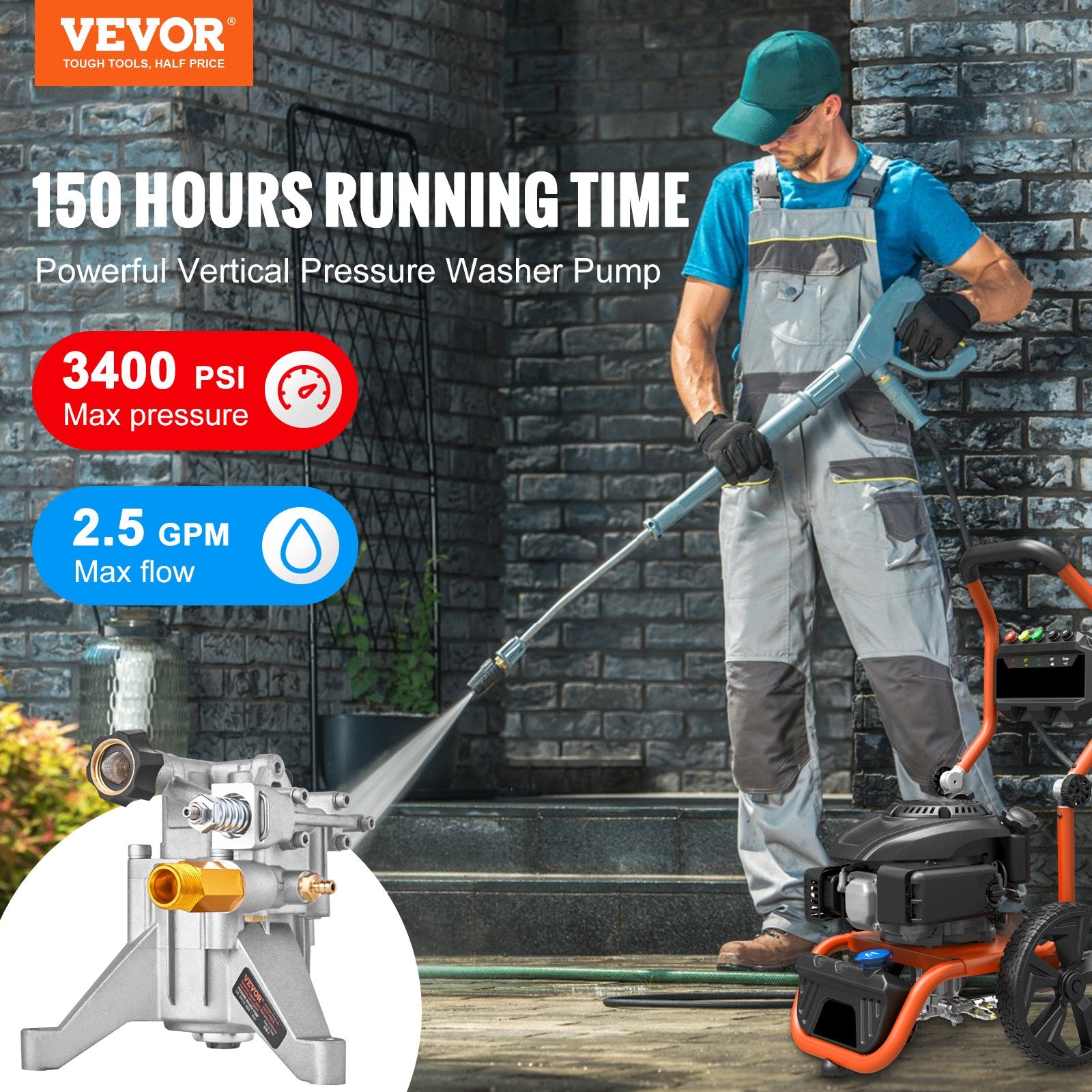 VEVOR Pressure Washer Pump, 22 mm Shaft Vertical, 3400 PSI, 2.5 GPM, Replacement Power Washer Pumps Kit, Parts Washer Pump, Compatible with Honda, Simpson, RYOBI, Briggs & Stratton, Subaru, Craftsman