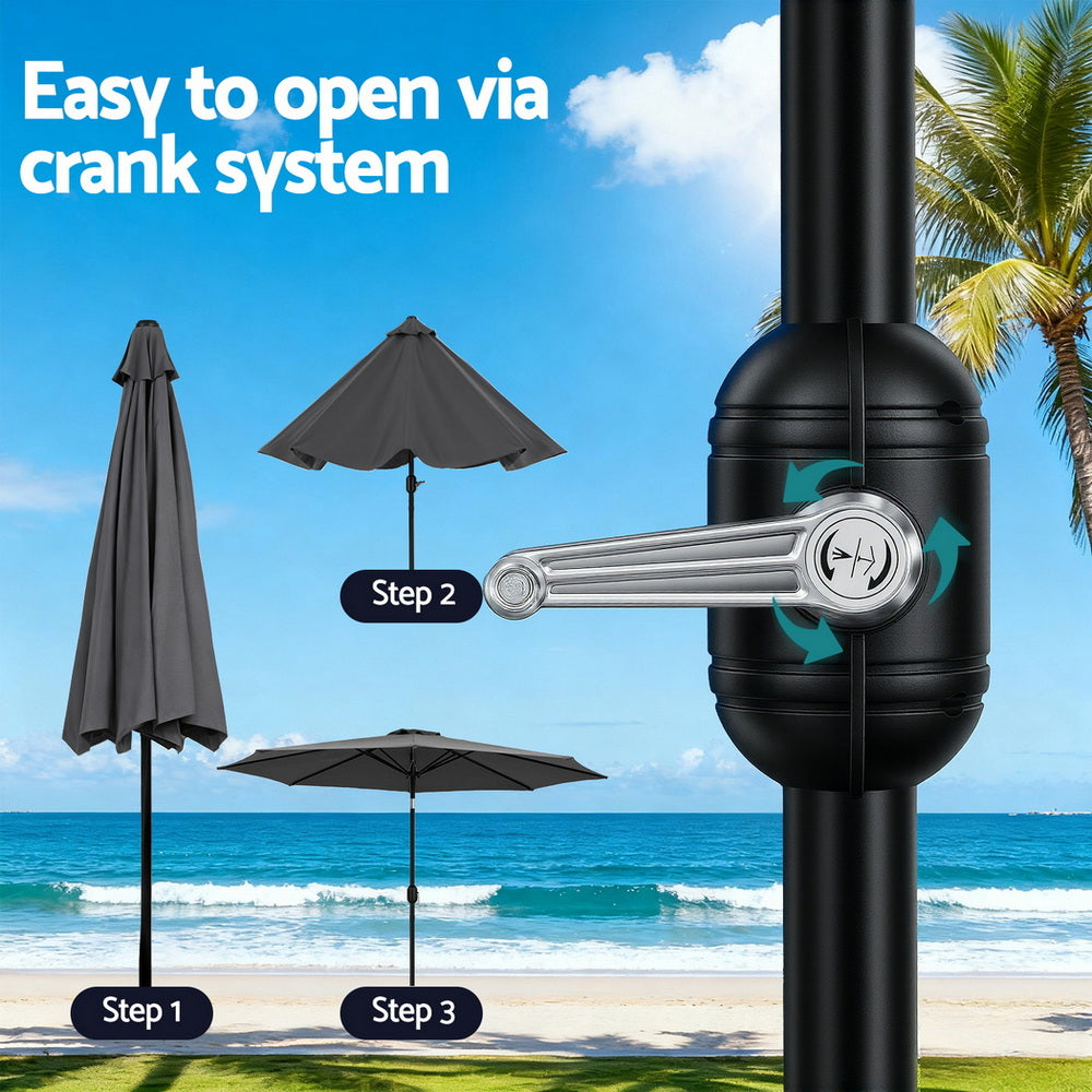 Instahut Outdoor Umbrella 2.9m Market Umbrella with String Light Tilt Charcoal Shade