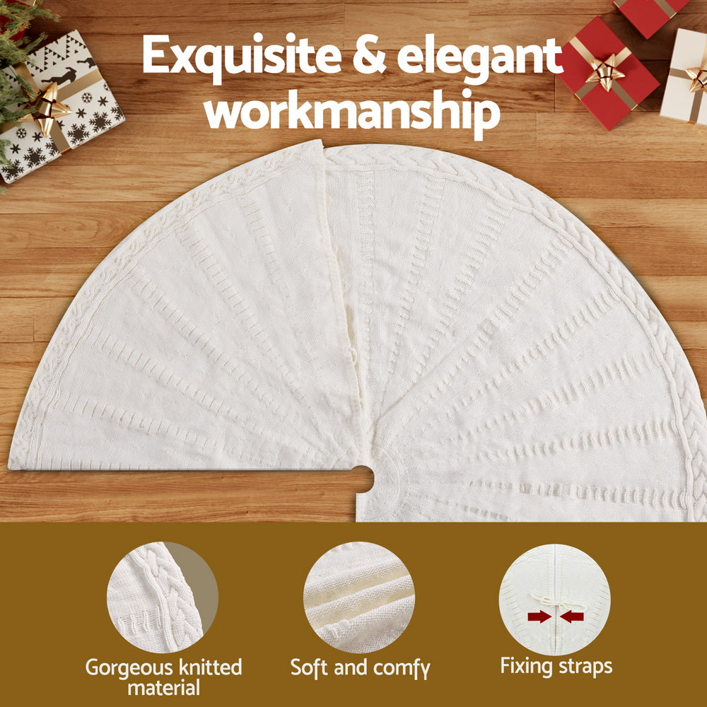 Jingle Jollys Christmas Tree Skirt 90cm Knitted Fabric Xmas Ornament Decor Beige